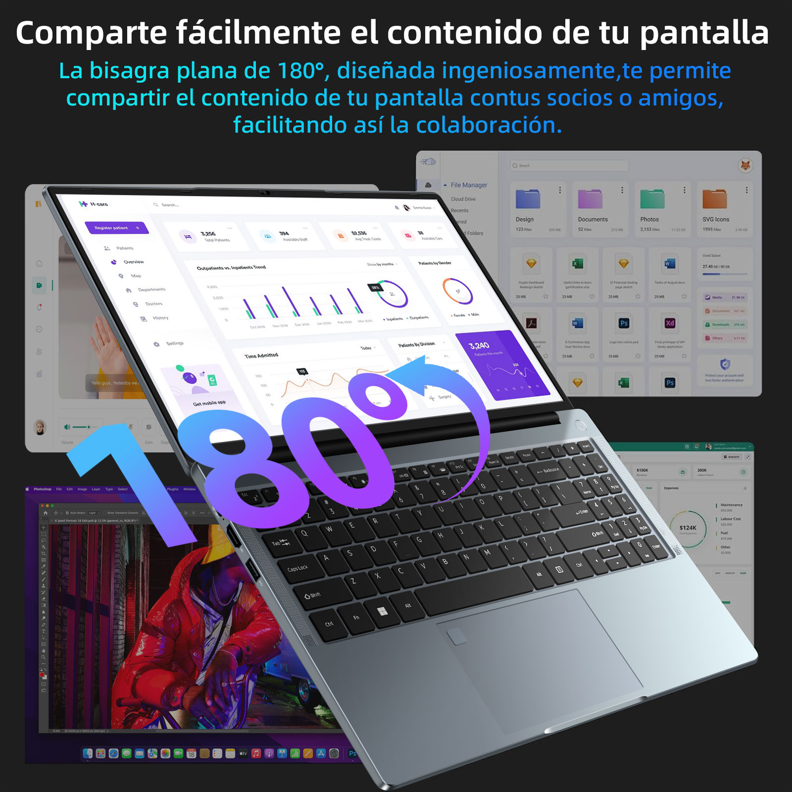 Un portátil se abre a 180 grados con paneles de control en la pantalla.