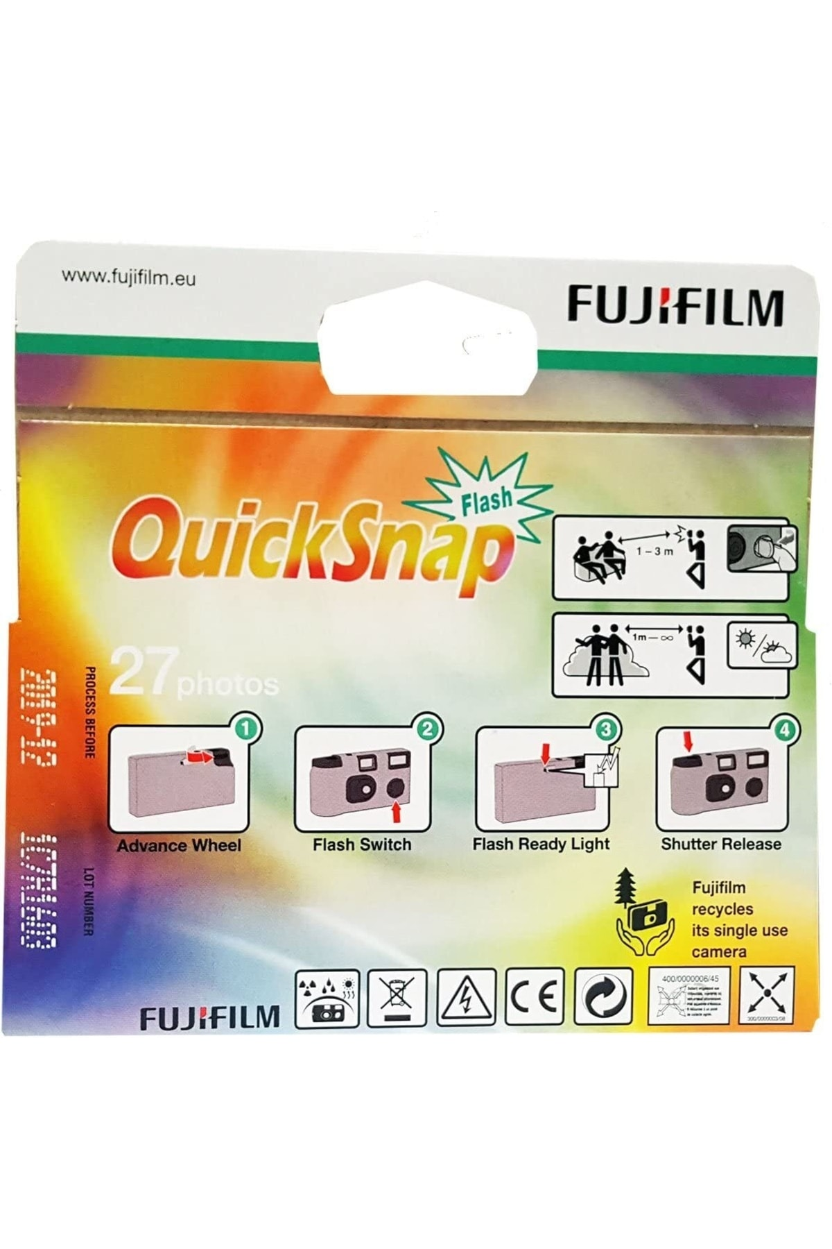 Renkli arka plan üzerinde kullanım talimatları olan Fujifilm QuickSnap Flash kamera ambalajı.