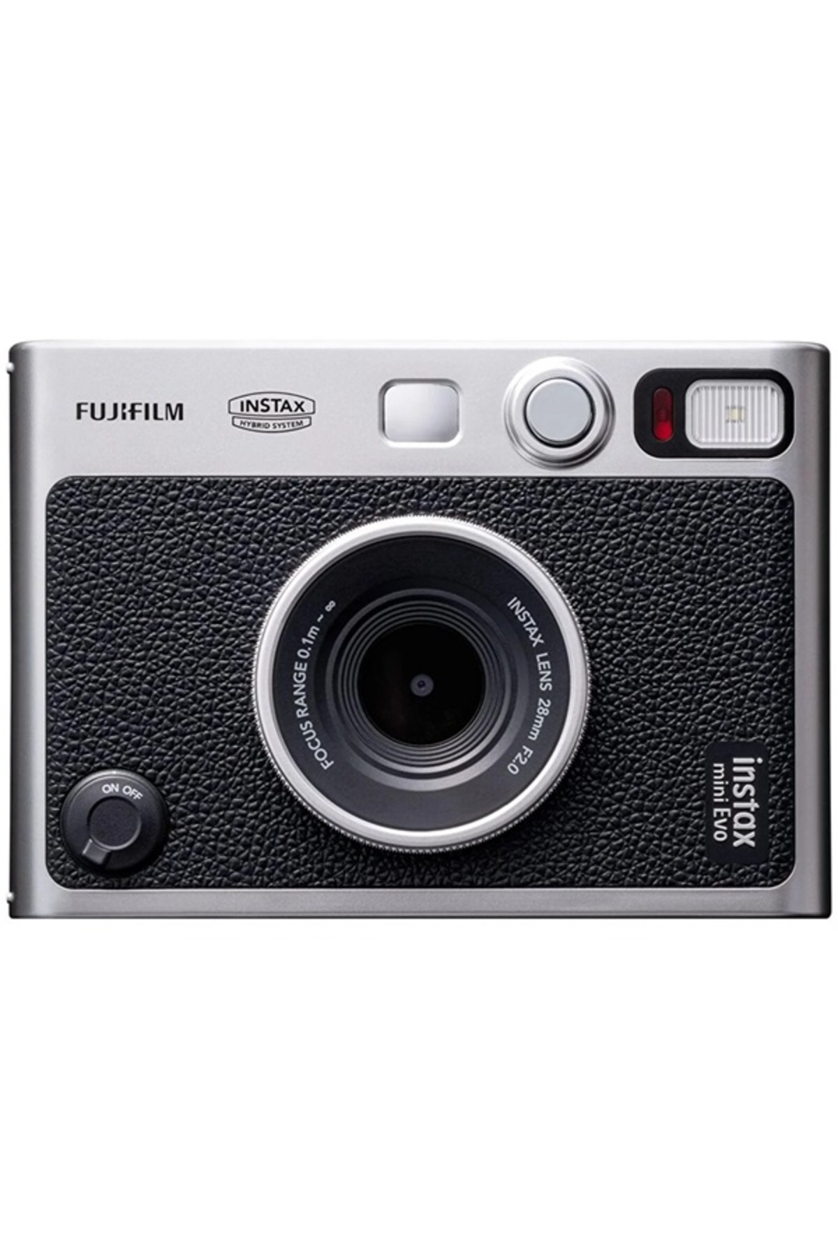 Merkezi lensli ve dokulu gövdeli gümüş ve siyah renkli Fujifilm Instax Mini Evo anlık kamera.