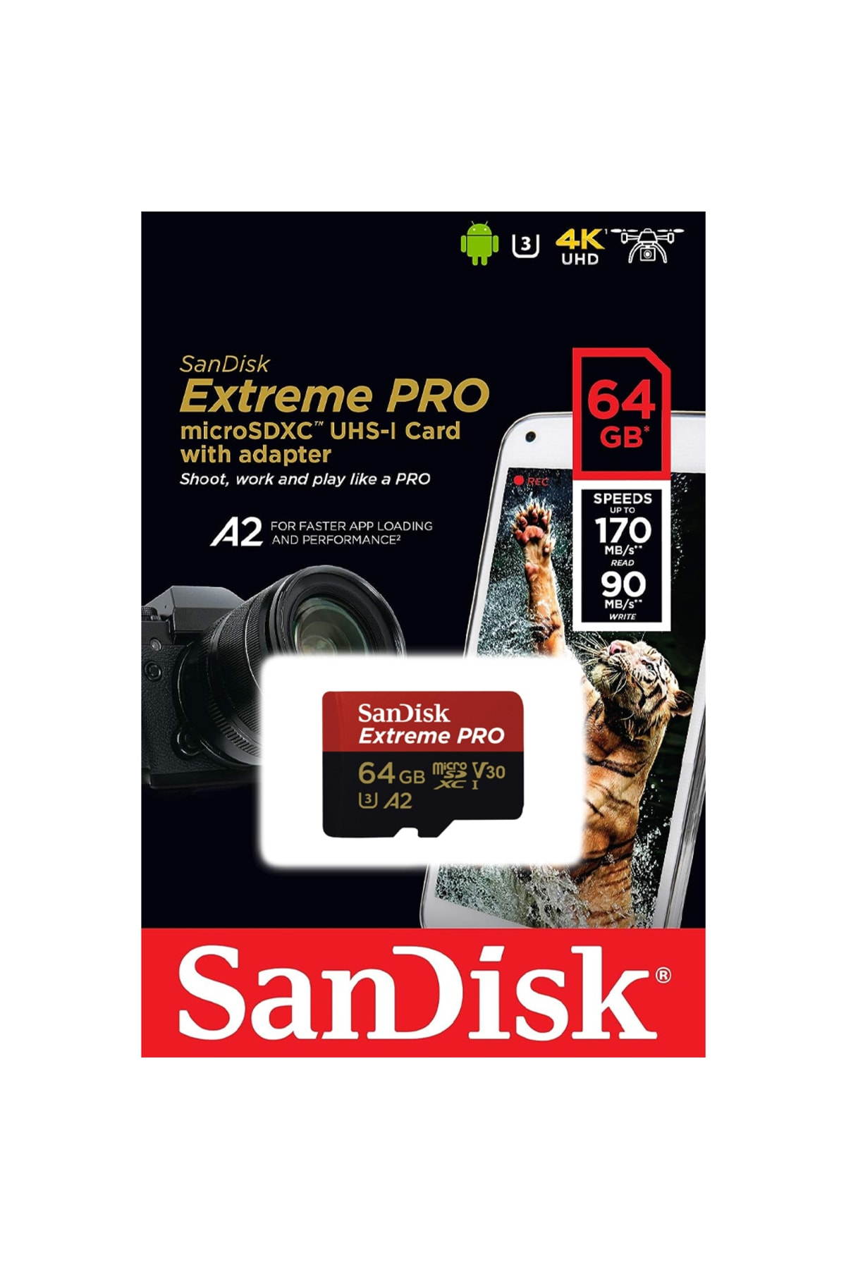 Kamera ve kaplan fotoğrafı içeren siyah ve kırmızı SanDisk Extreme PRO microSDXC kart ambalajı.