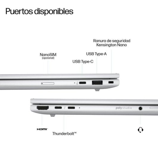 Diagrama que muestra los puertos de un portátil plateado, incluyendo USB, HDMI y Thunderbolt.