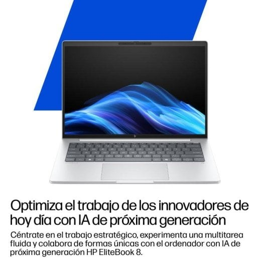 Portátil HP EliteBook con fondo de pantalla de onda azul y texto abajo.