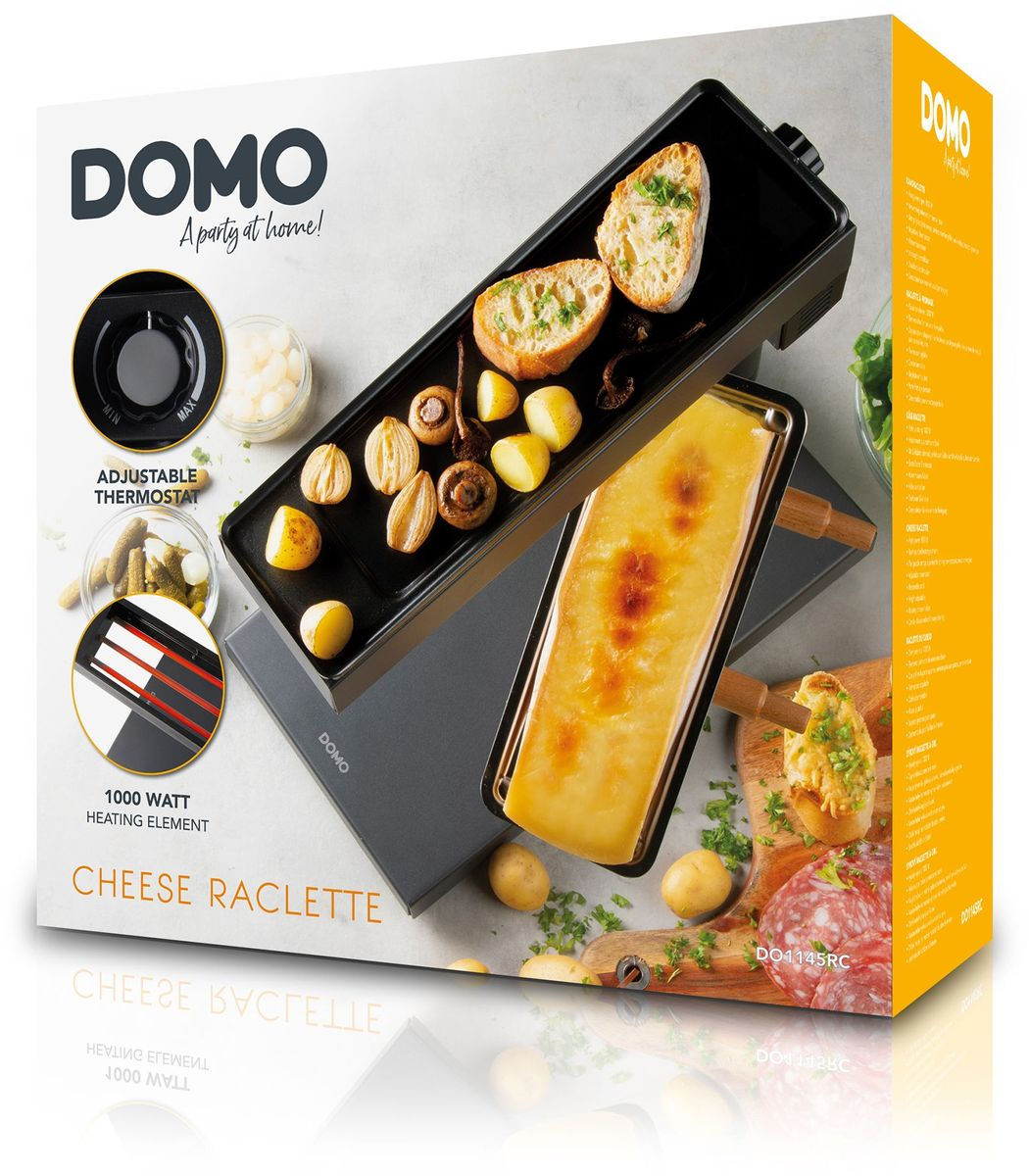 Domo Cheese Raclette Verpackung mit gebratenem Brot, Pilzen und geschmolzenem Käse auf dem Gerät.