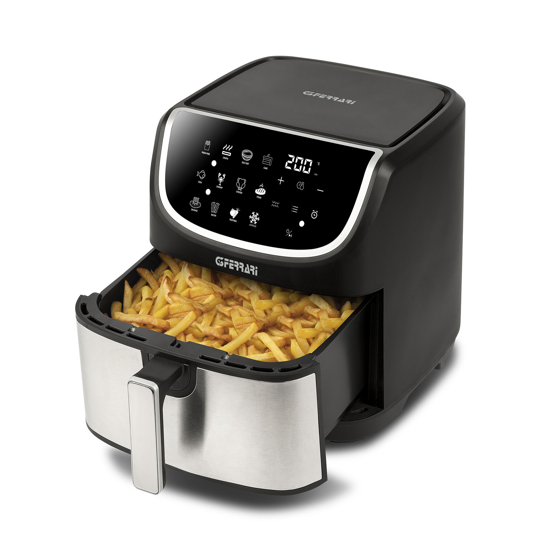 Friggitrice ad aria nera con display touch digitale e cestello estratto pieno di patatine dorate.