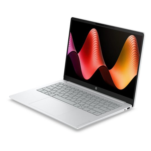 Un portátil plateado sobre fondo blanco muestra un patrón de ondas coloridas en la pantalla.