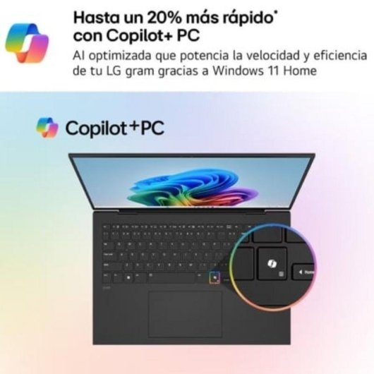 Un portátil LG Gram muestra texto sobre Copilot+ PC y un primer plano del teclado.
