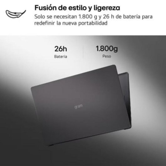 Un portátil negro sobre fondo degradado con texto en español destacando batería y peso.
