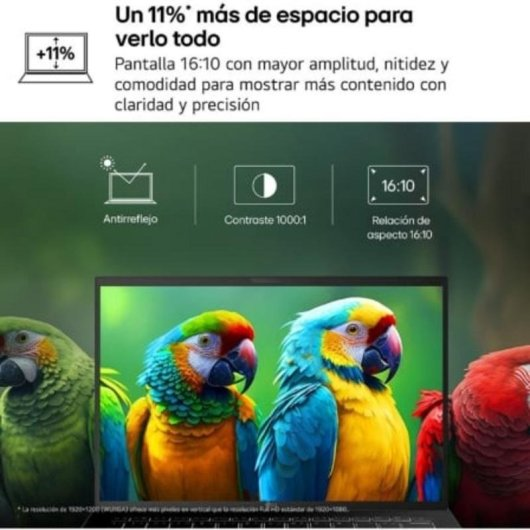 Anuncio de pantalla de portátil con loros coloridos, destacando su relación de aspecto 16:10 y antirreflejo.