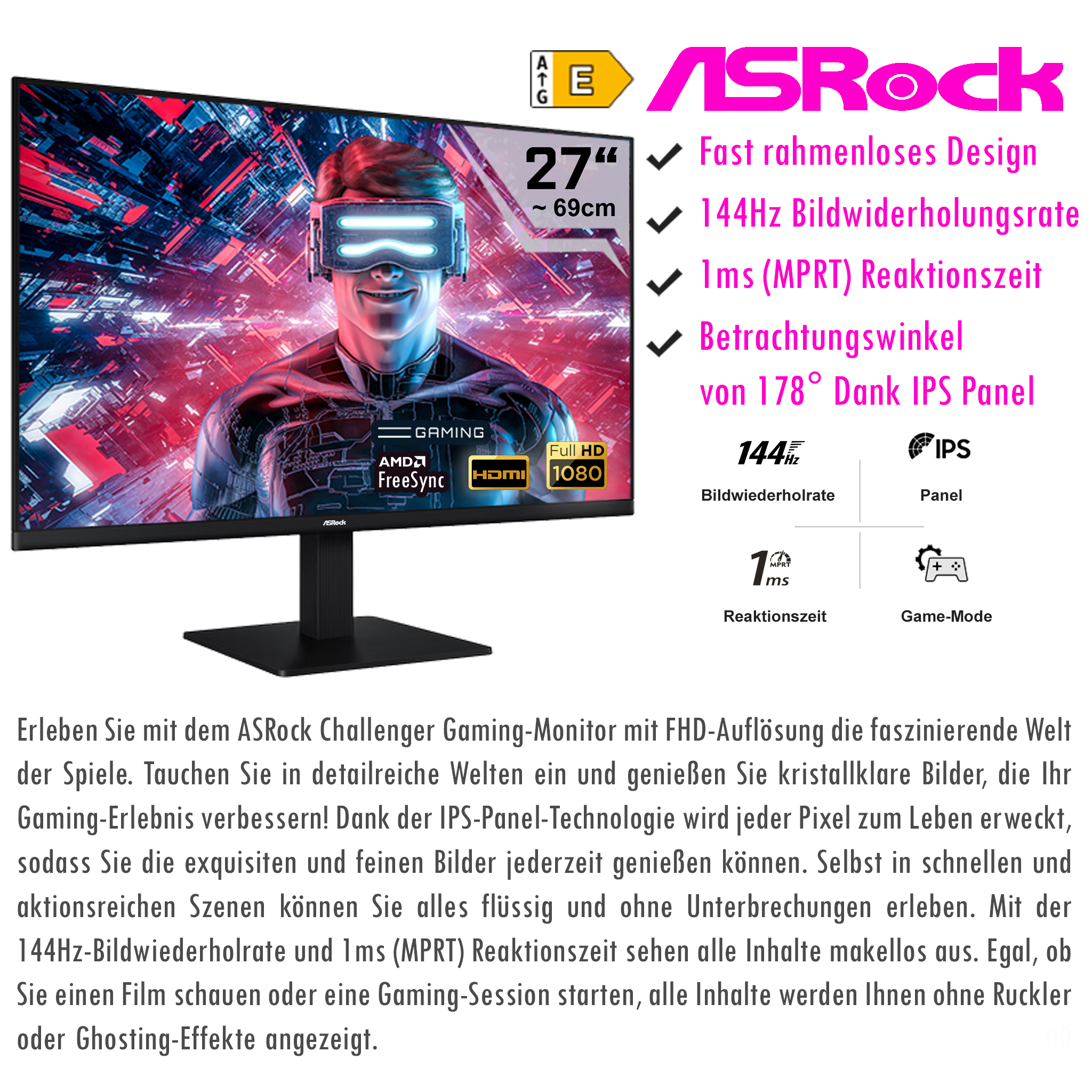 ASRock 27 Zoll Gaming-Monitor mit 144Hz, 1ms, IPS-Panel und FHD-Auflösung.