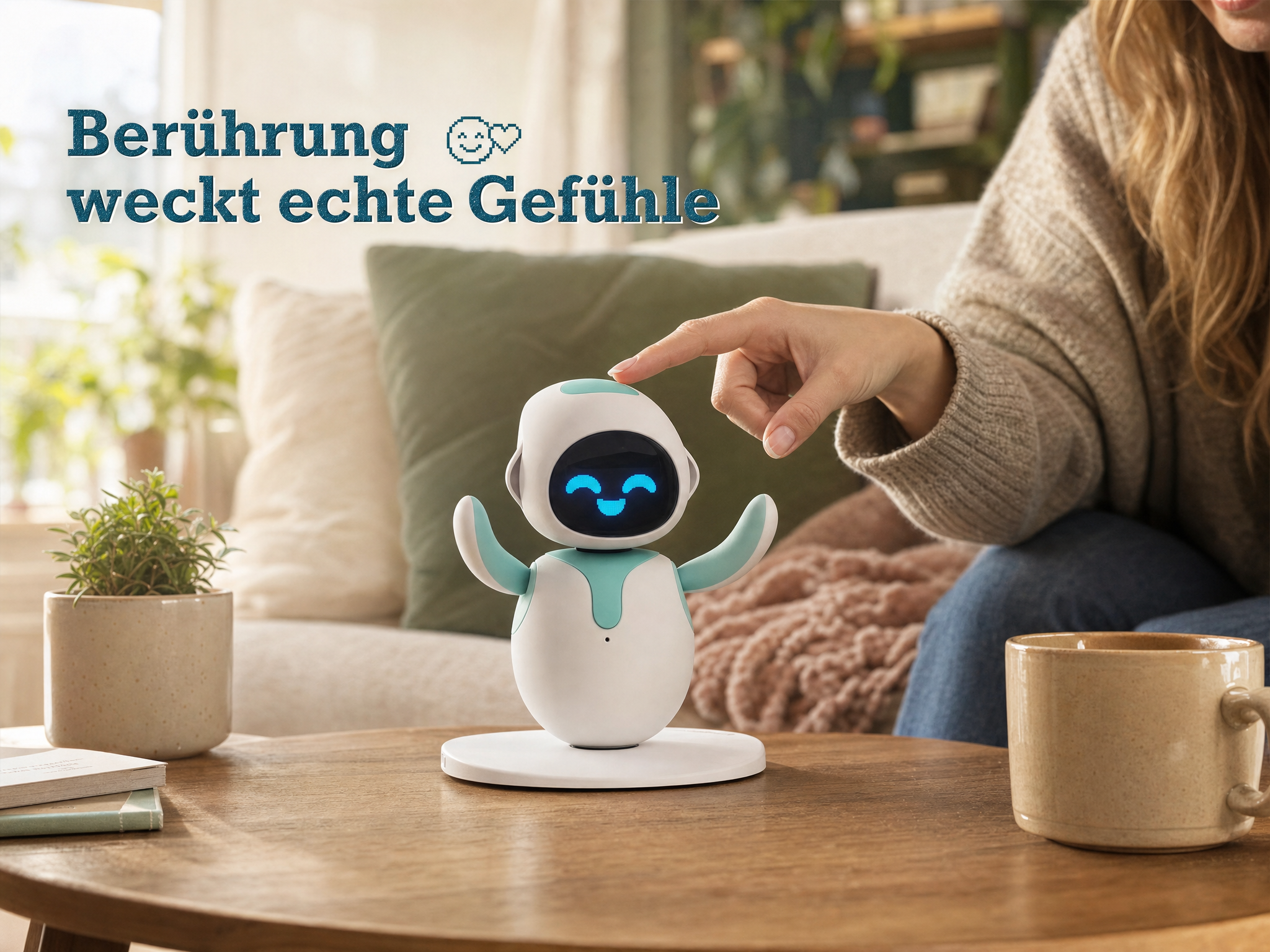 Eine Frau berührt den Kopf eines kleinen, weißen und blauen Roboters auf einem Holztisch in einem Wohnzimmer.