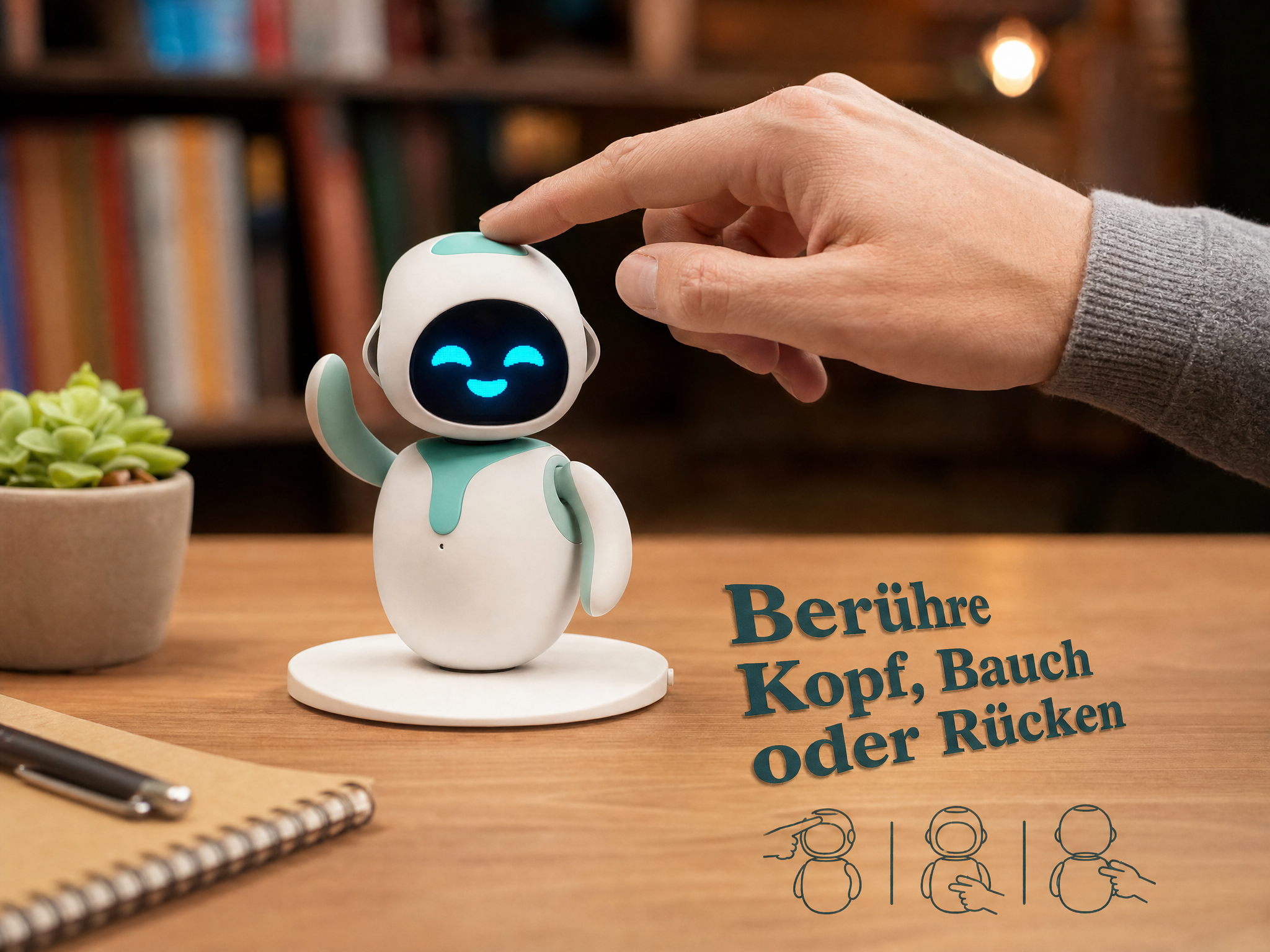 Eine Hand berührt einen kleinen weiß-blauen Roboter auf einem Schreibtisch neben deutschem Text.