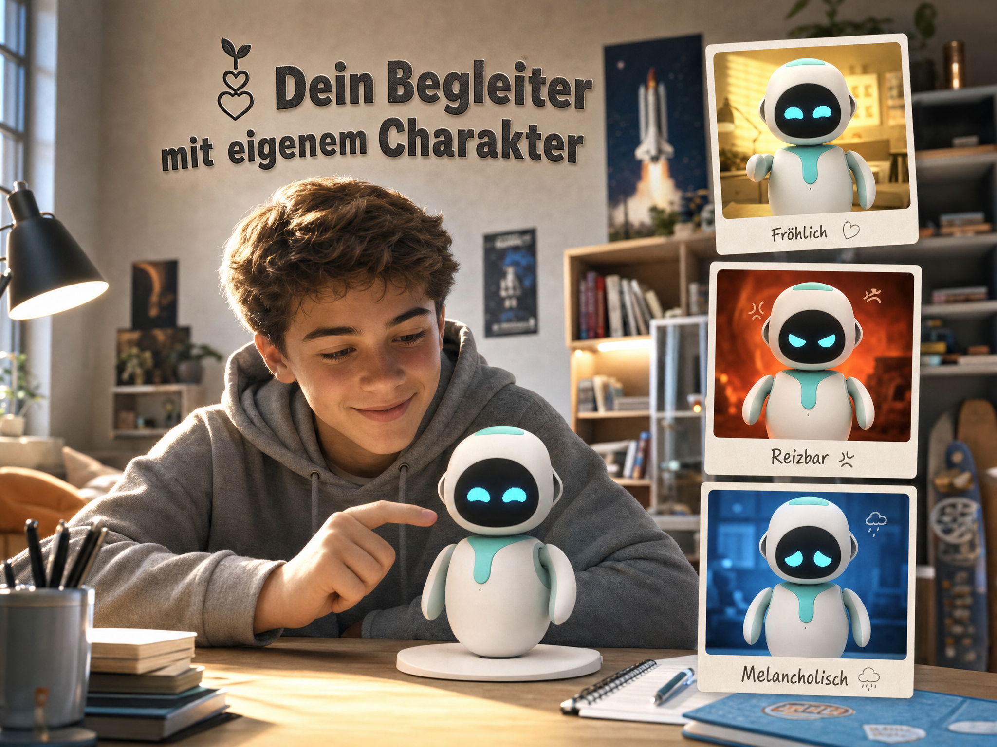 Ein Junge zeigt lächelnd auf einen kleinen weißen Roboter mit blauen Augen auf seinem Schreibtisch.