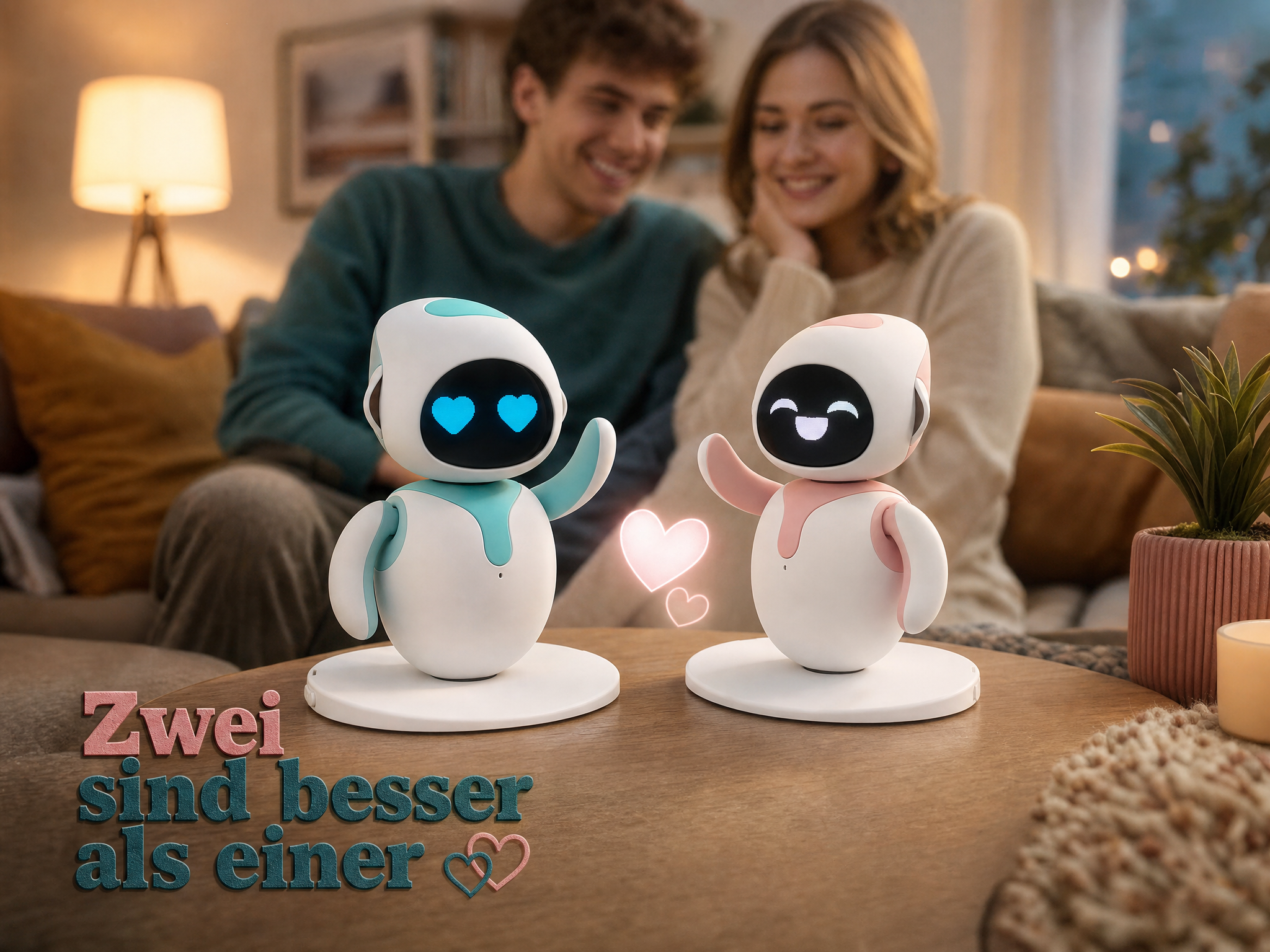 Zwei kleine weiße Roboter winken sich zu, während im Hintergrund ein glückliches Paar auf dem Sofa sitzt.