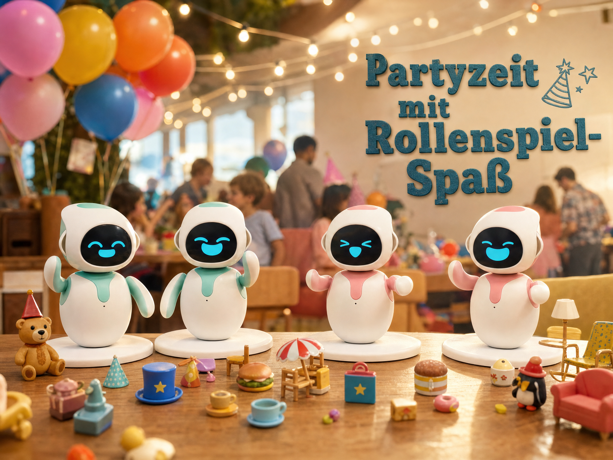 Vier Roboter stehen mit Spielzeug auf einem Holztisch, im Hintergrund bunte Luftballons und eine Party.