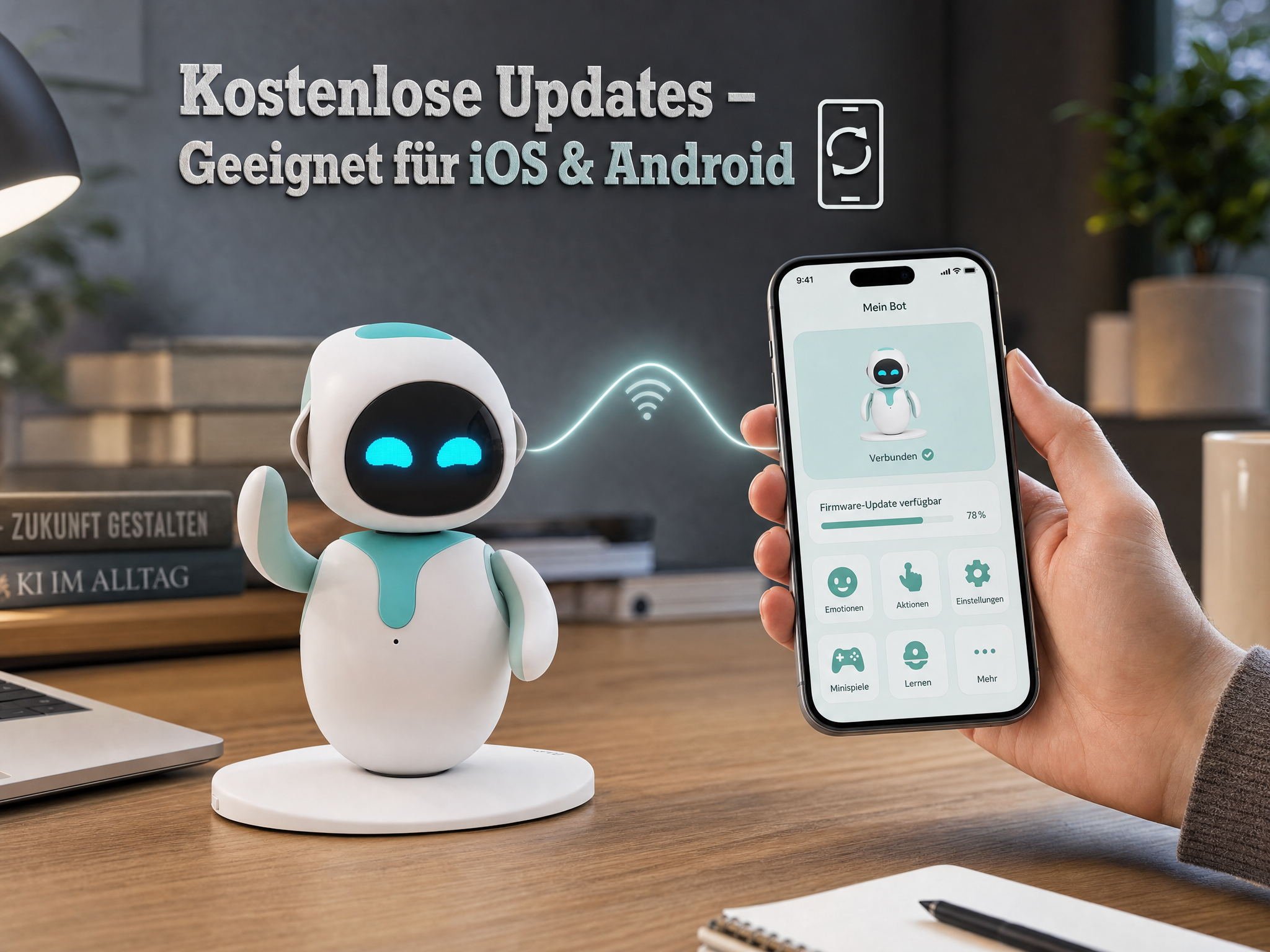 Kleiner weiß-türkiser Roboter auf Holztisch, verbunden mit Smartphone in Hand.