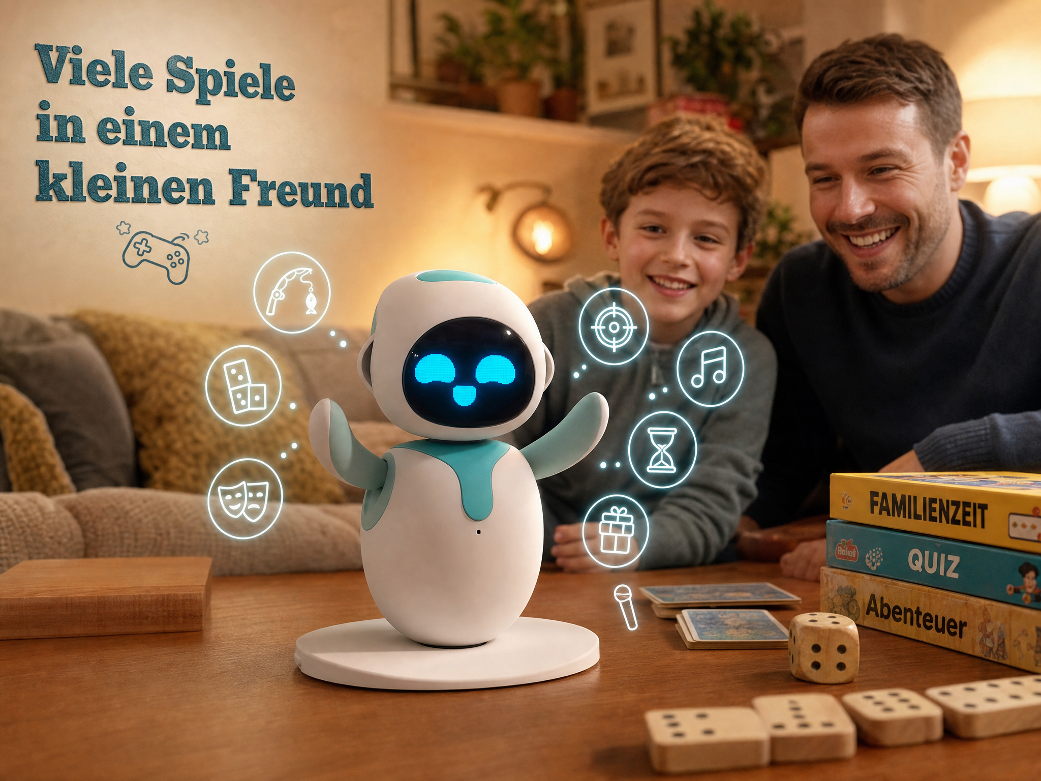 Ein lächelnder Junge und ein Mann spielen mit einem weiß-blauen Roboter umgeben von leuchtenden Spielsymbolen.