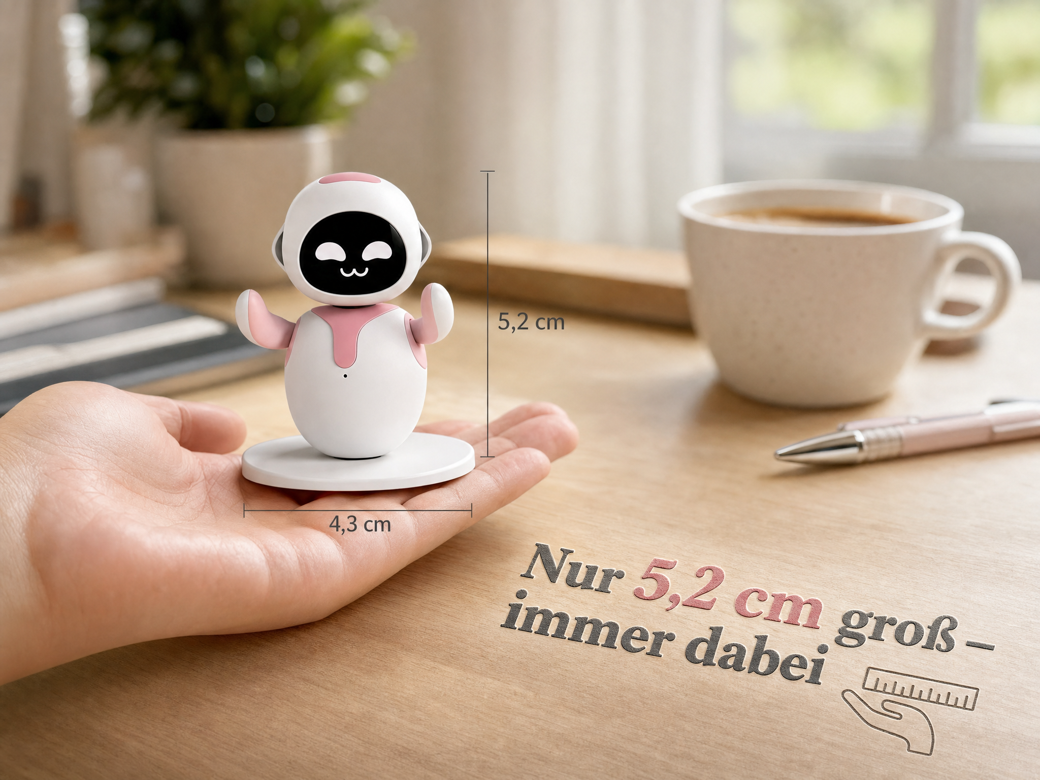 Kleiner weiß-rosa Roboter auf einer Handfläche, daneben Kaffeetasse auf Holztisch mit Größenangaben.