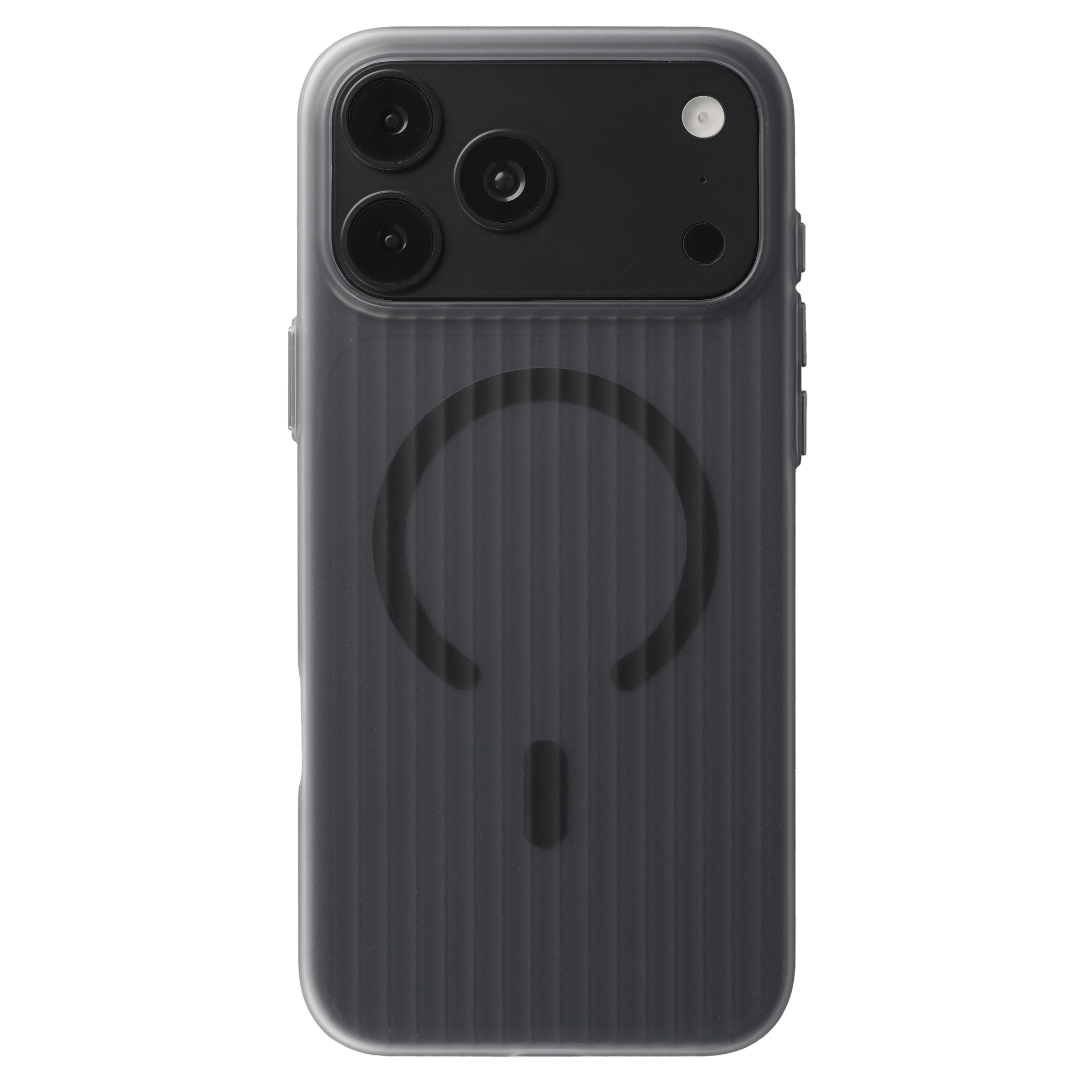 Rückseite eines Smartphones in einer dunklen, gerippten Schutzhülle mit sichtbarem Kamera-Modul und MagSafe-Symbol.