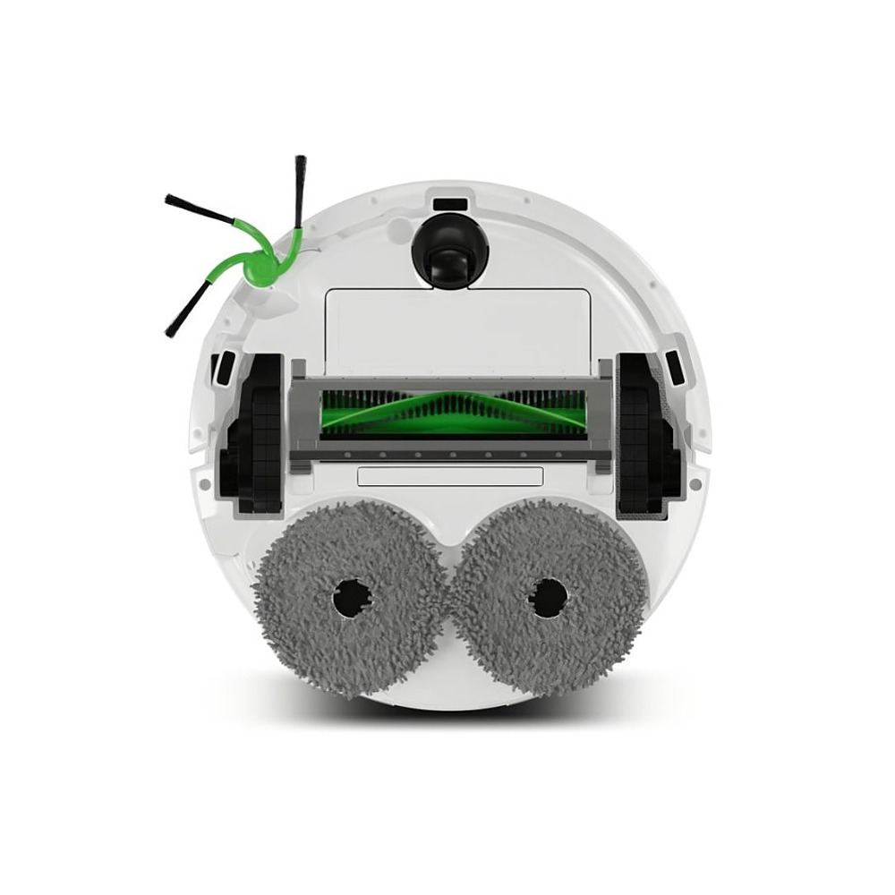 Vista inferior de un robot aspirador blanco con dos almohadillas de mofado grises, cepillo de rodillo verde y ruedas.