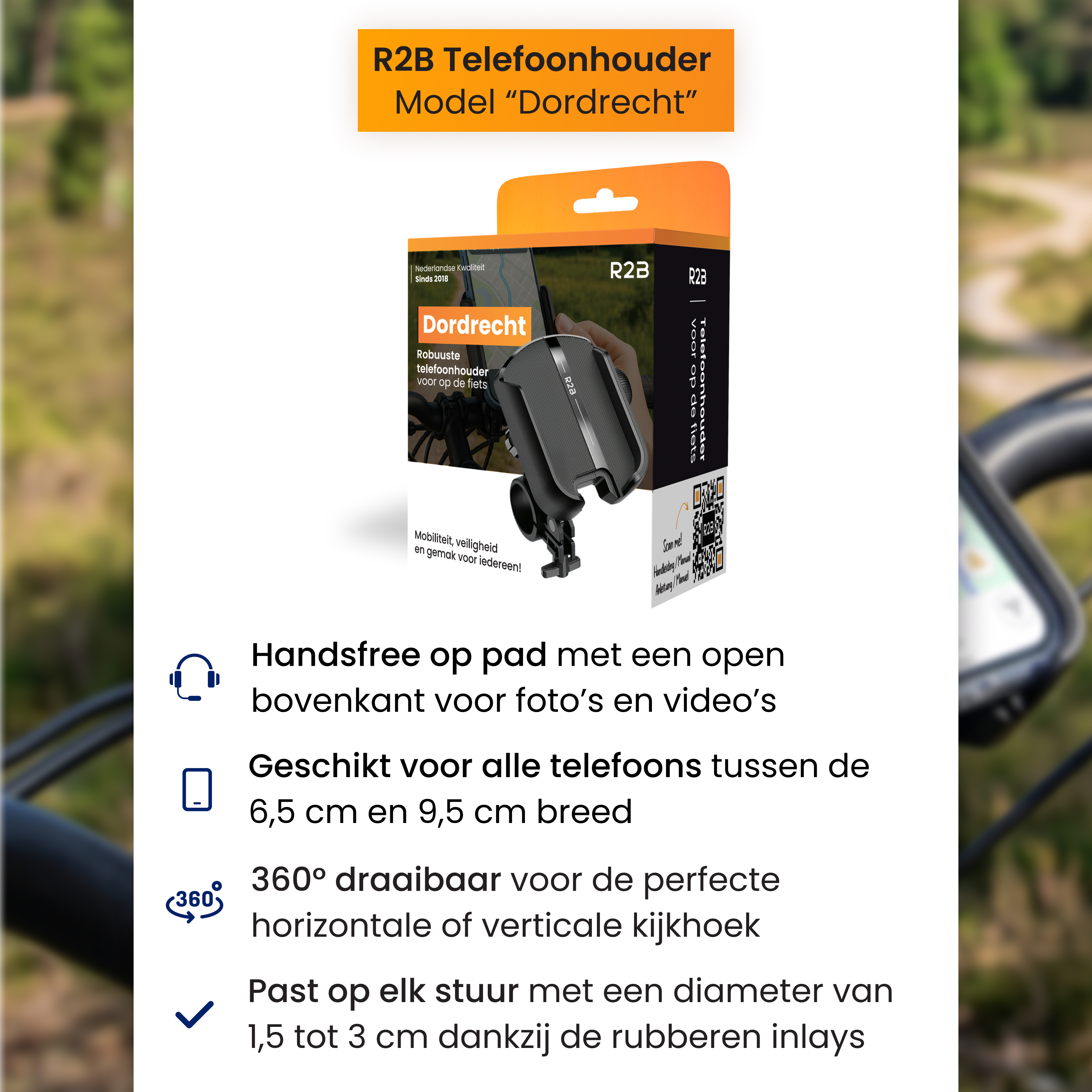 Produktverpackung für die R2B Dordrecht Fahrrad-Handyhalterung mit Produktbild und niederländischen Beschreibungen.