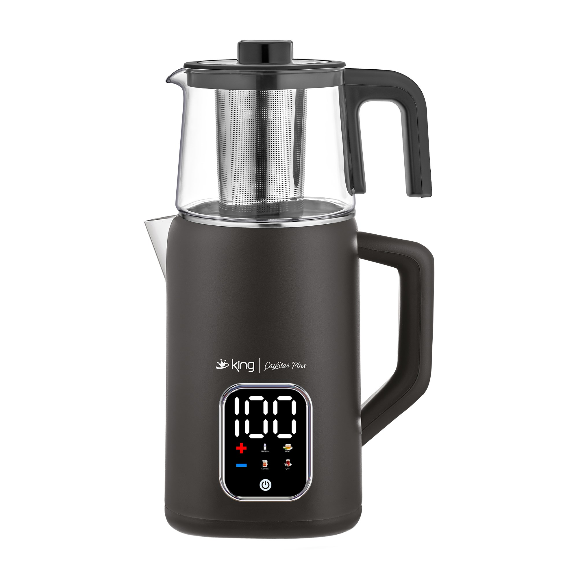 Dijital ekranlı ve kulplu modern siyah cam çay makinesi.