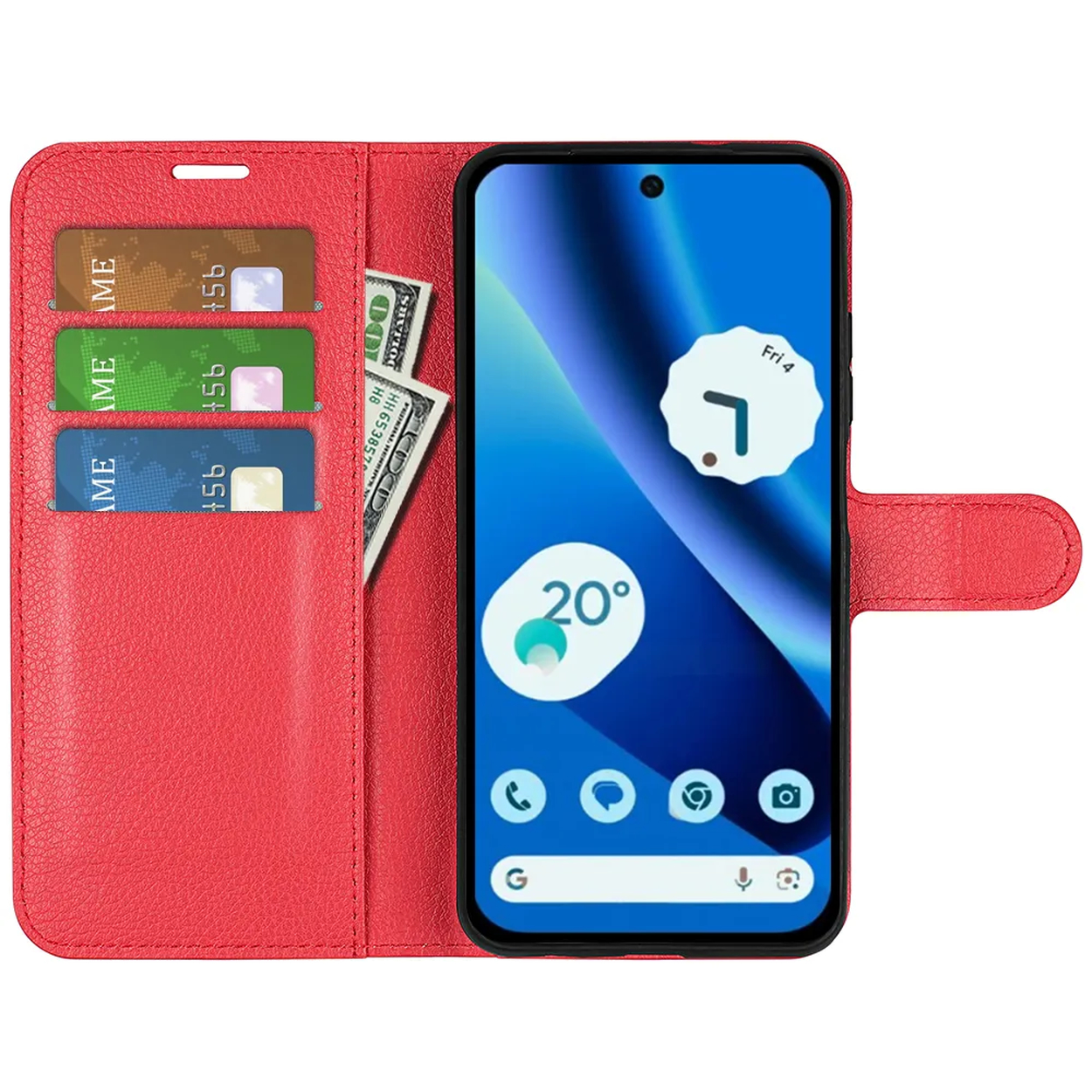 Rote Leder-Brieftaschen-Handyhülle mit Karten, Bargeld und einem Smartphone mit blauem Bildschirm.
