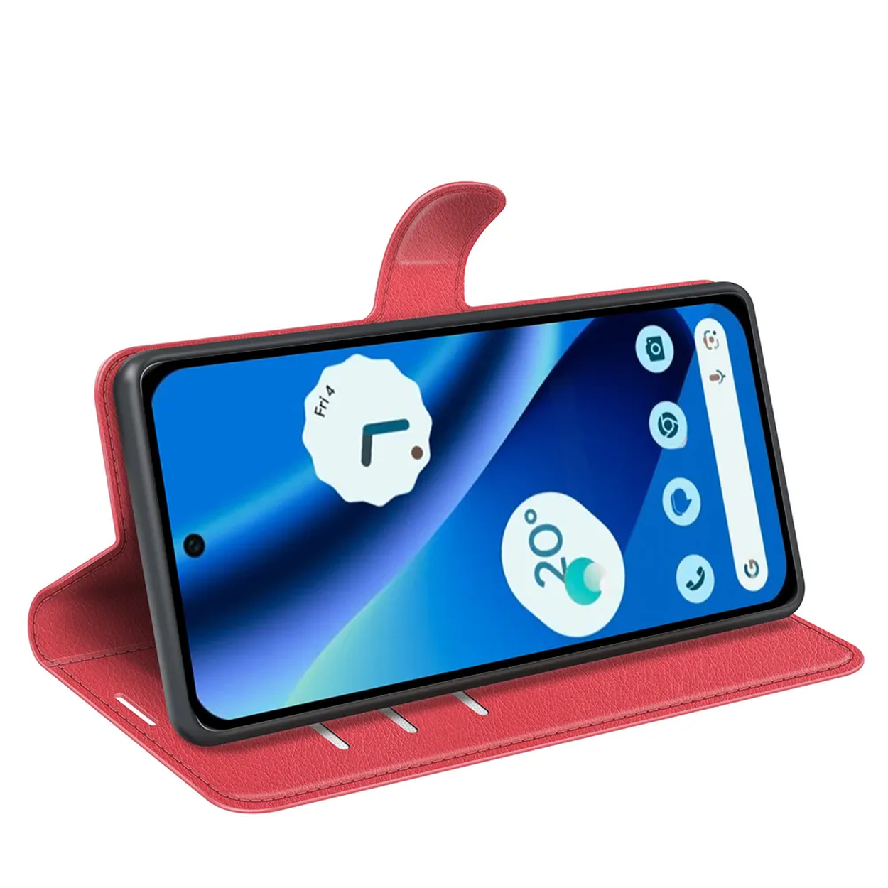 Ein Smartphone mit blauem Bildschirm steht in einer roten Lederhülle mit Magnetlasche auf weißem Hintergrund.