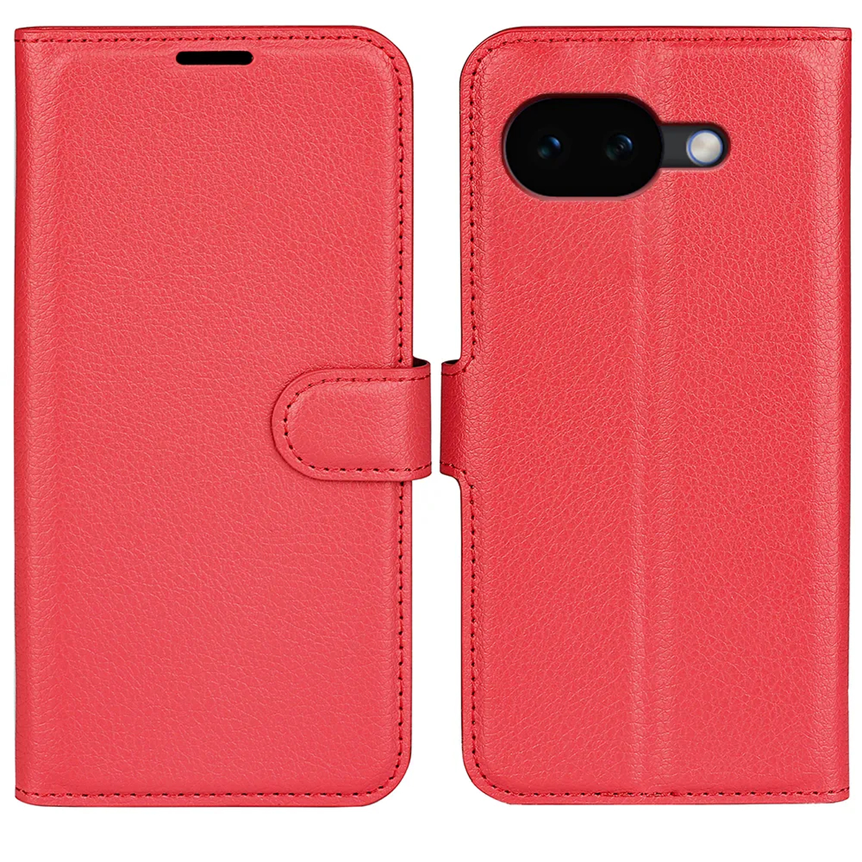Rotes Leder-Klapphandy-Etui mit integriertem Magnetverschluss und Kameraaussparung.