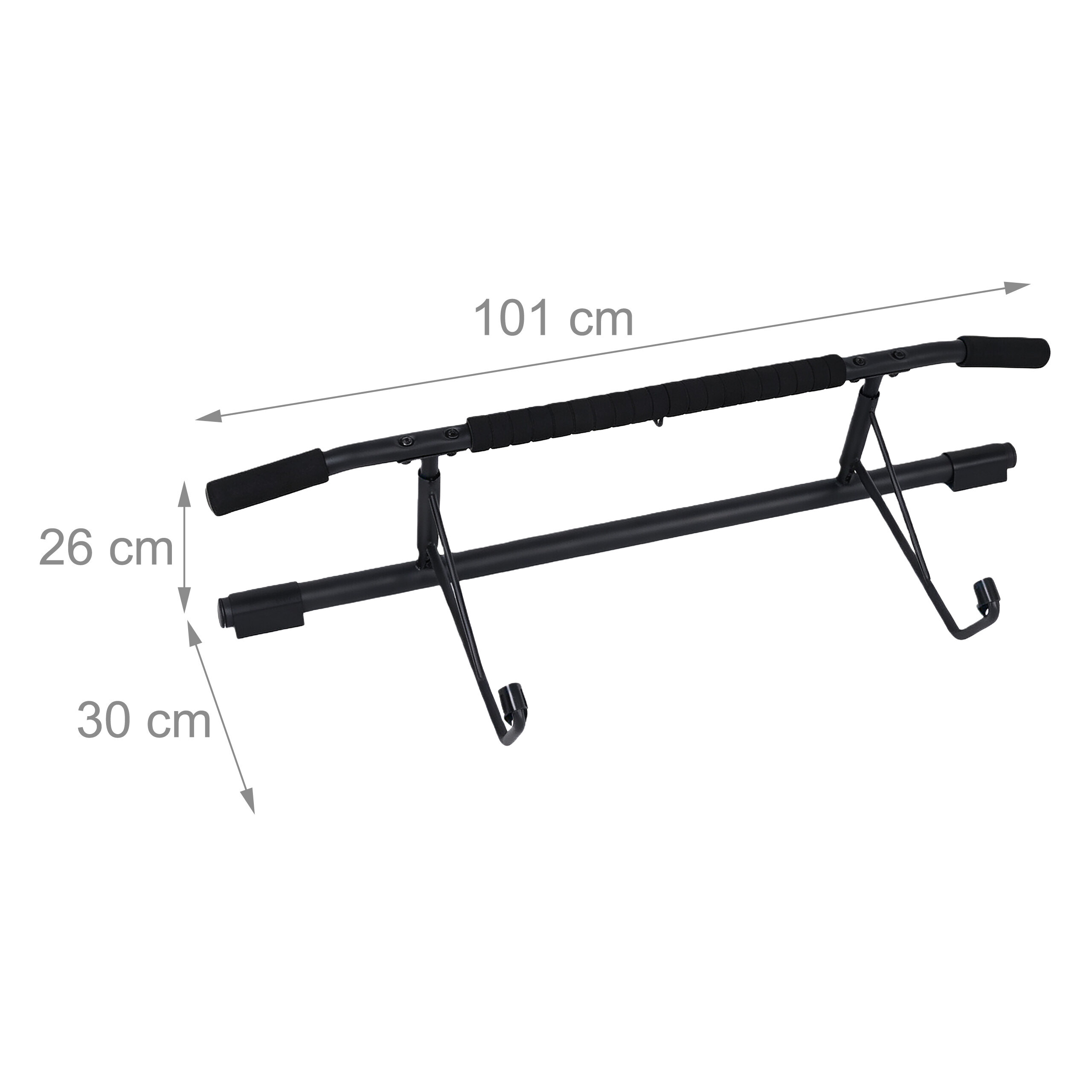 Schwarze Klimmzugstange mit Abmessungen von 101 cm Breite, 26 cm Höhe und 30 cm Tiefe gegen einen weißen Hintergrund.