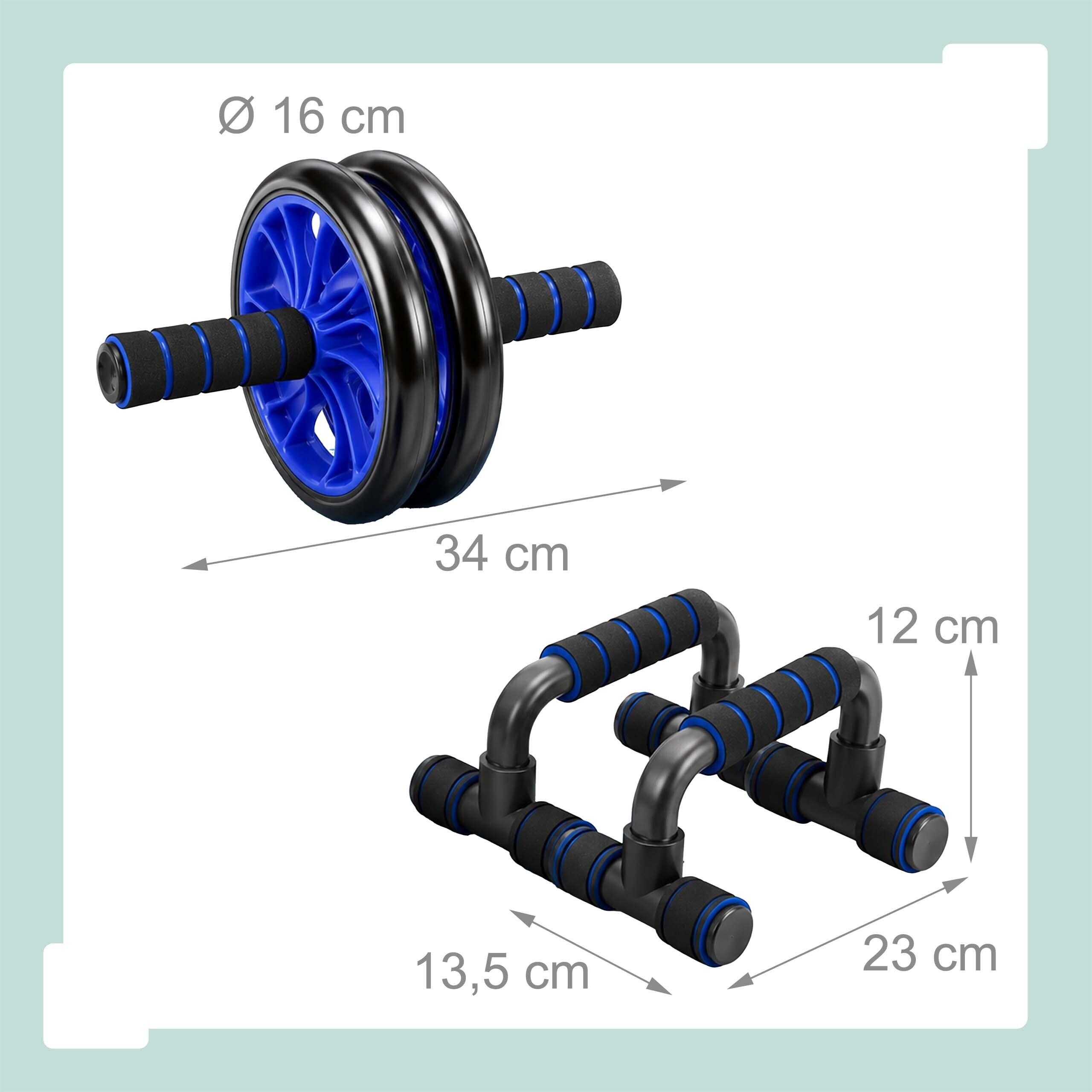 Fitnessgeräte wie ein Bauchmuskelroller mit blauen Rädern und Liegestützgriffe mit Maßangaben.