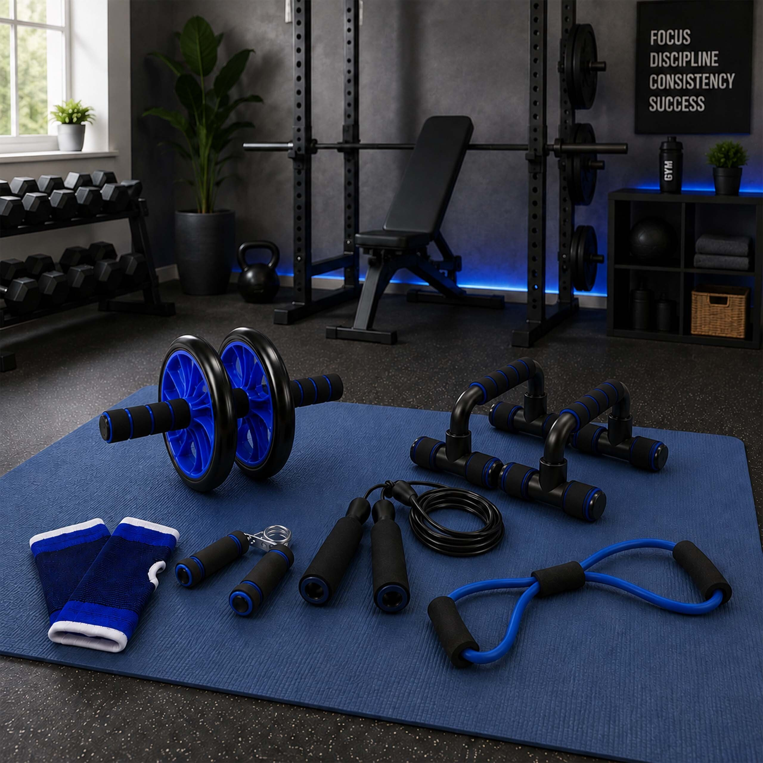 Fitnessausrüstung auf blauer Matte im Fitnessstudio mit Hanteln, Bauchroller und Liegestützgriffen.