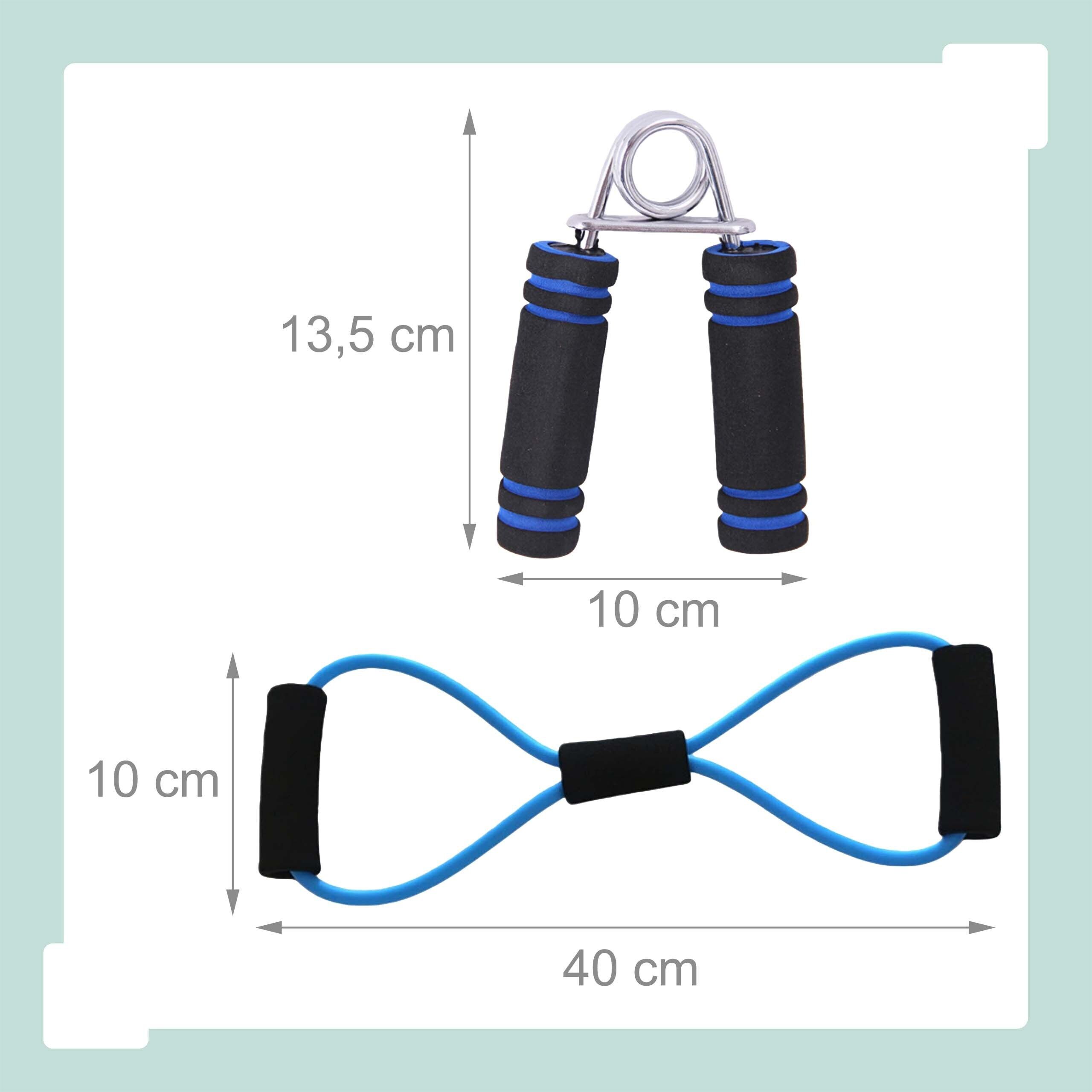 Fitnessset mit Handgelenk-Krafttrainer und blauem Expander mit Maßen.