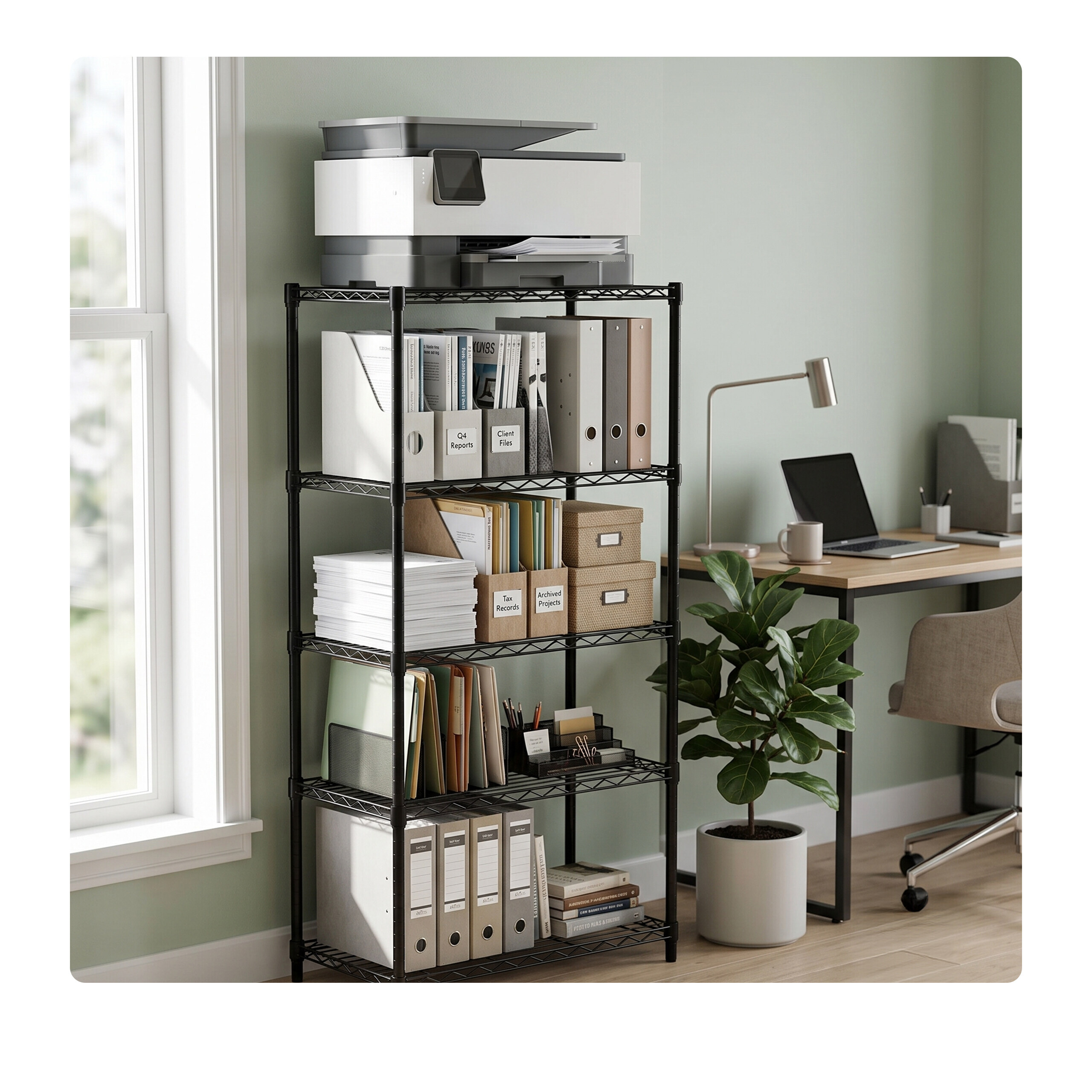 Ein schwarzes Metallregal voller Ordner, Papierstapel und einem Drucker oben, in einem hellgrünen Heimbüro.
