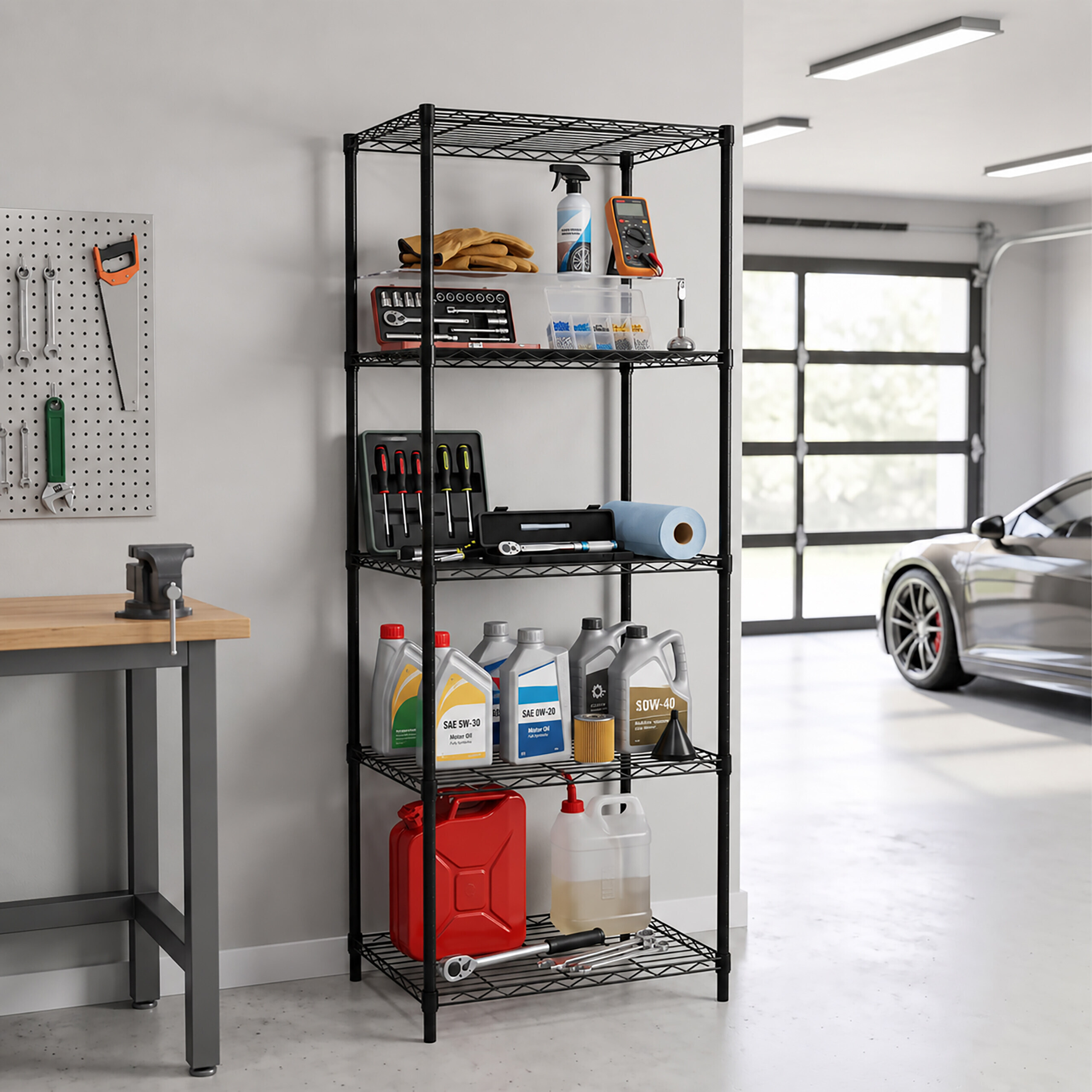Ein schwarzes Metallregal in einer Garage mit Werkzeugen, Ölen und Kanistern; ein Auto parkt im Hintergrund.
