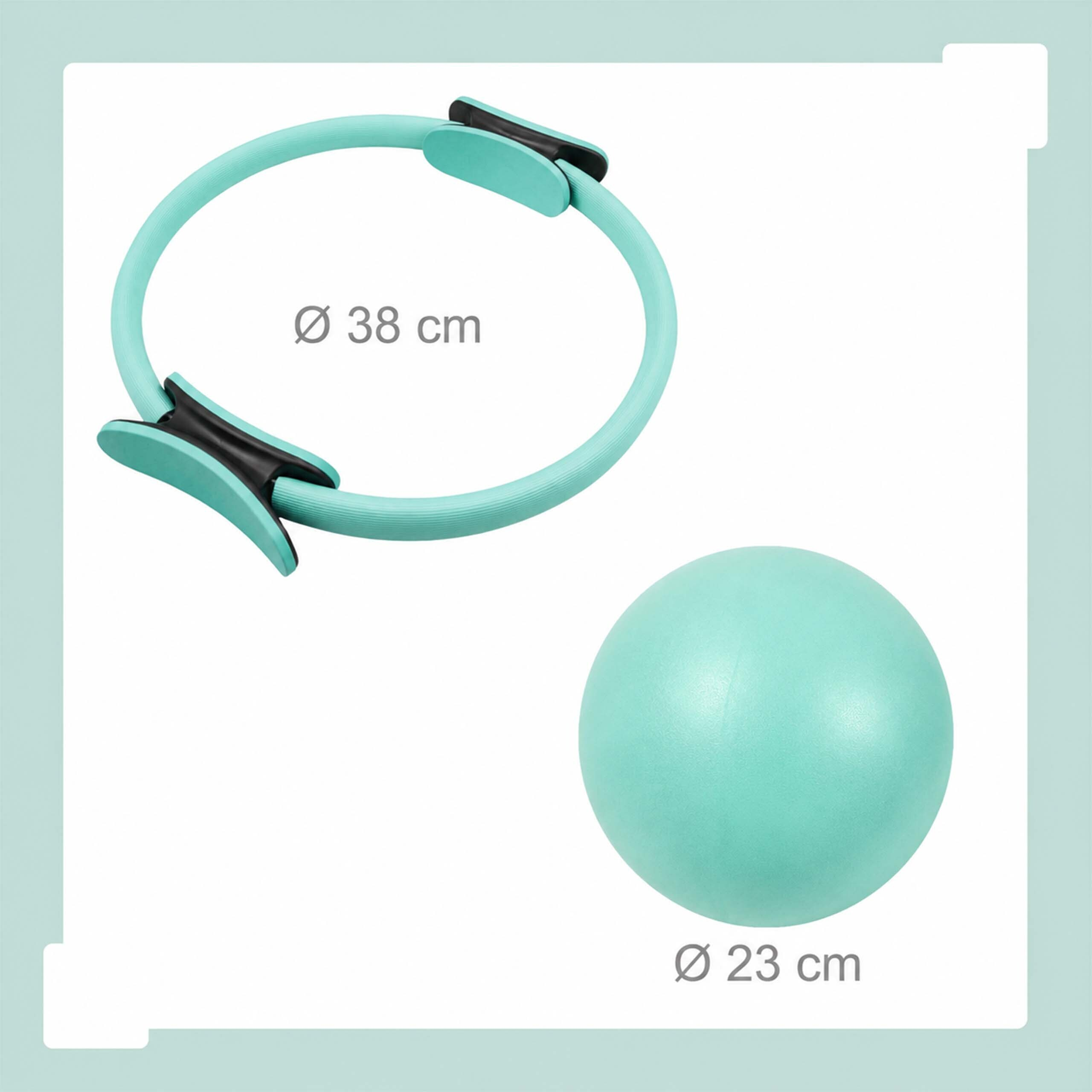 Türkisfarbener Pilates-Ring mit 38 cm Durchmesser und ein türkisfarbener Pilates-Ball mit 23 cm Durchmesser.