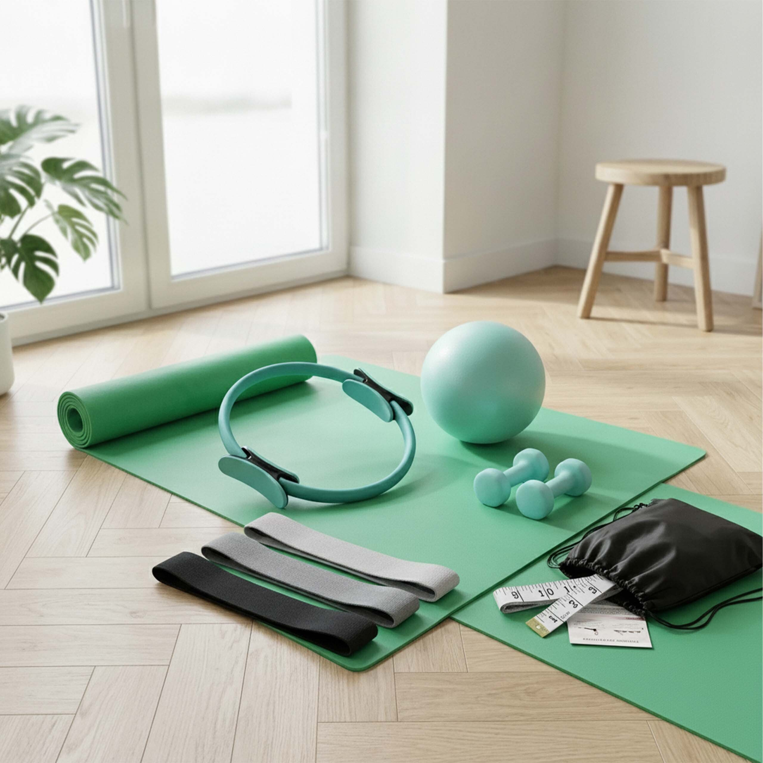 Grüne Fitnessmatte auf Holzfußboden mit Yogaring, Ball, Hanteln und Widerstandsbändern.