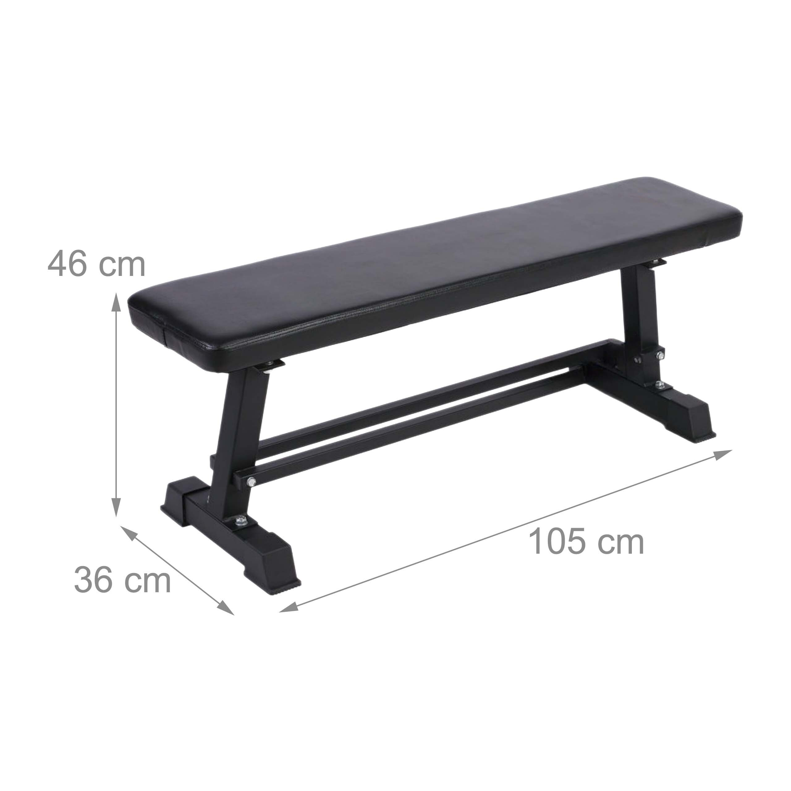 Schwarze Fitness-Flachbank mit Maßen: Höhe 46 cm, Breite 36 cm, Länge 105 cm.