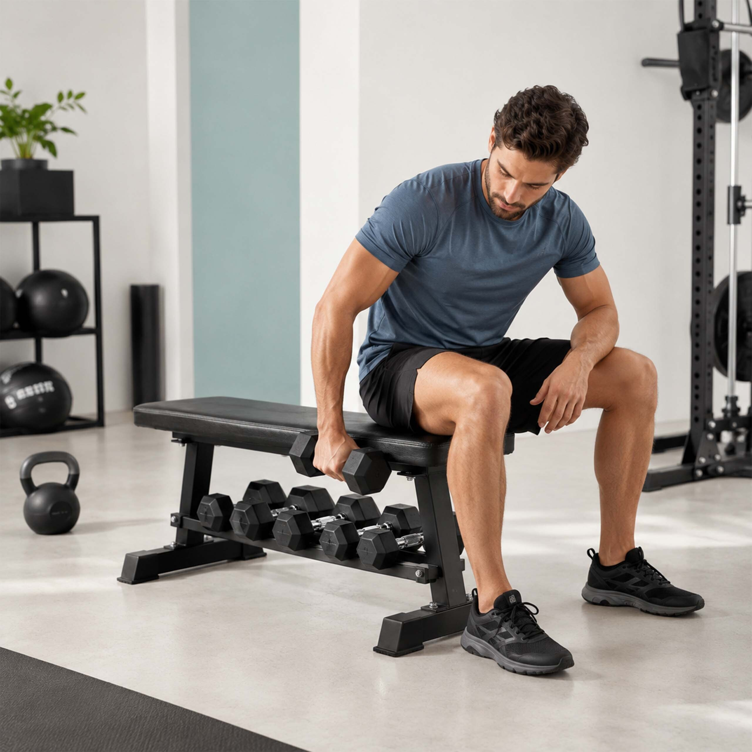 Ein Mann sitzt auf einer Hantelbank in einem Fitnessstudio und hält eine Hantel.