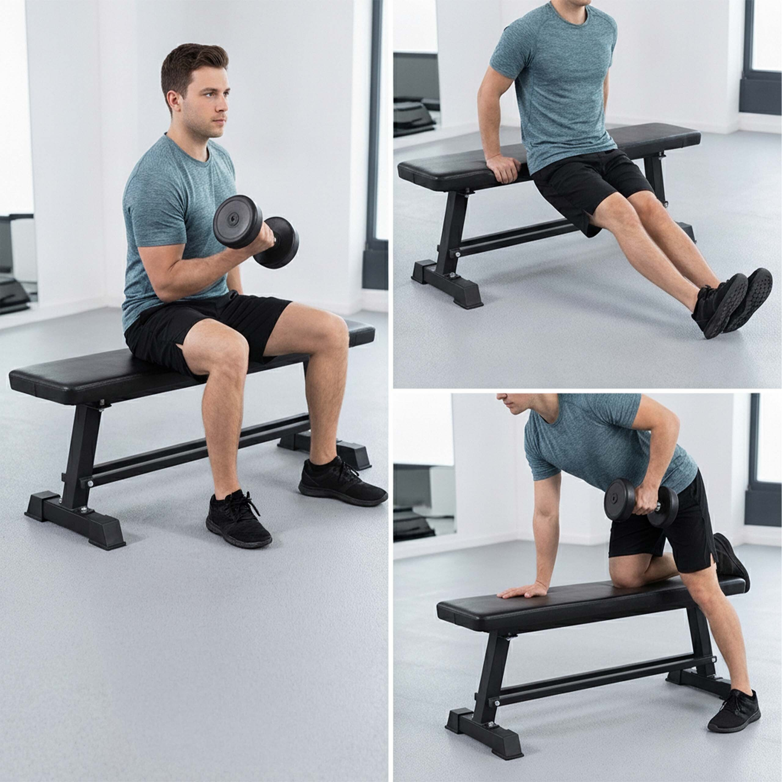 Ein Mann demonstriert drei verschiedene Übungen auf einer Flachbank in einem Fitnessstudio.
