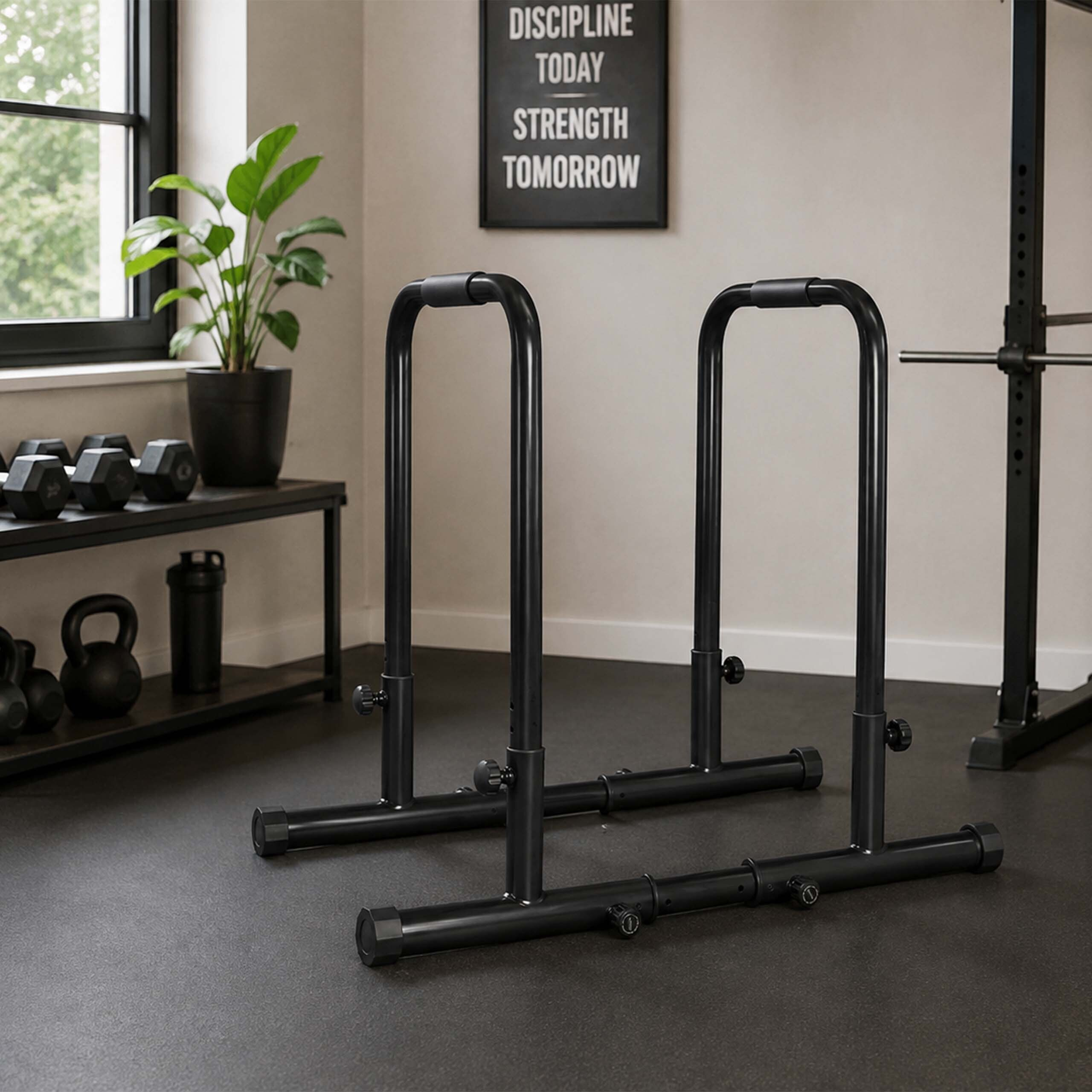 Schwarze Dip-Stangen in einem Fitnessstudio mit Gewichten und einer motivationalen Wandinschrift.