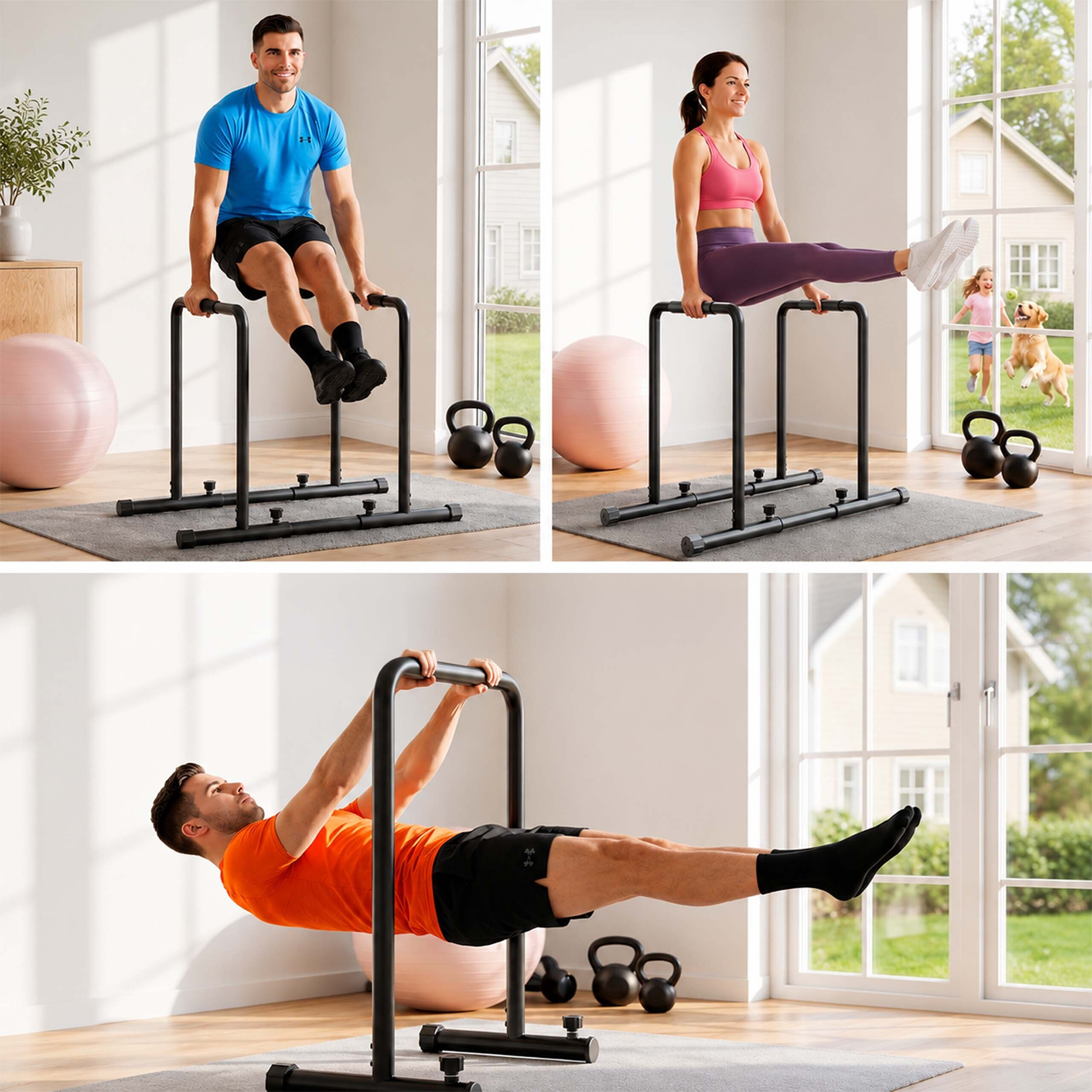 Personen trainieren in einem hellen Raum auf parallelen Stangen, mit Yogabällen und Kettlebells im Hintergrund.