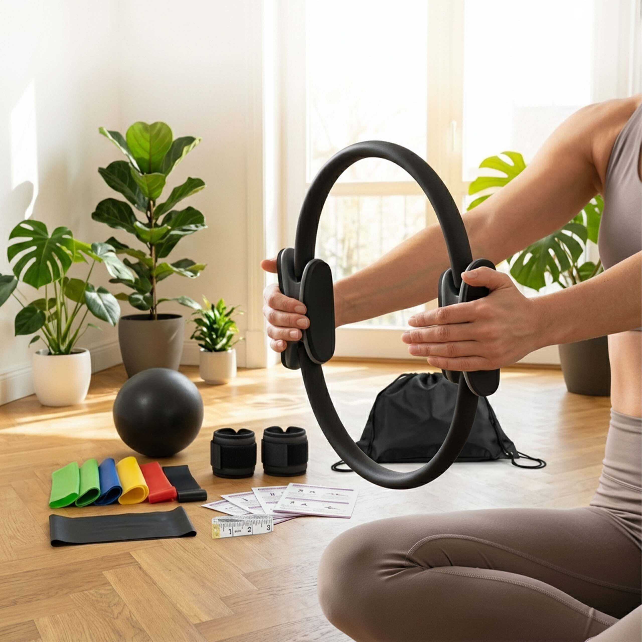 Eine Frau sitzt auf einem Holzboden und hält einen Pilatesring, umgeben von Fitnessutensilien und Pflanzen.