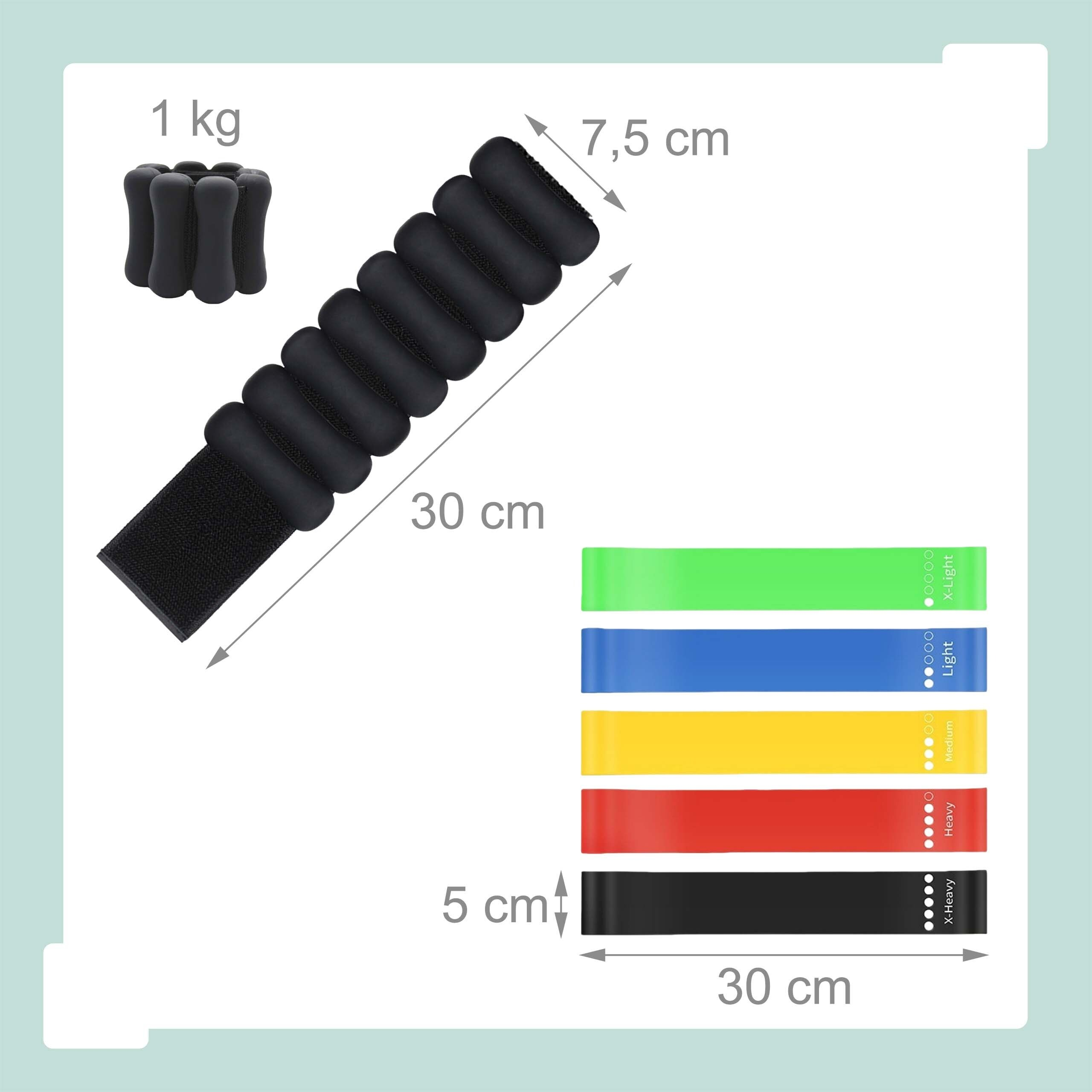 Diagramm zeigt eine 1kg Handgelenkswewicht und fünf farbige Widerstandsbänder mit Maßen.