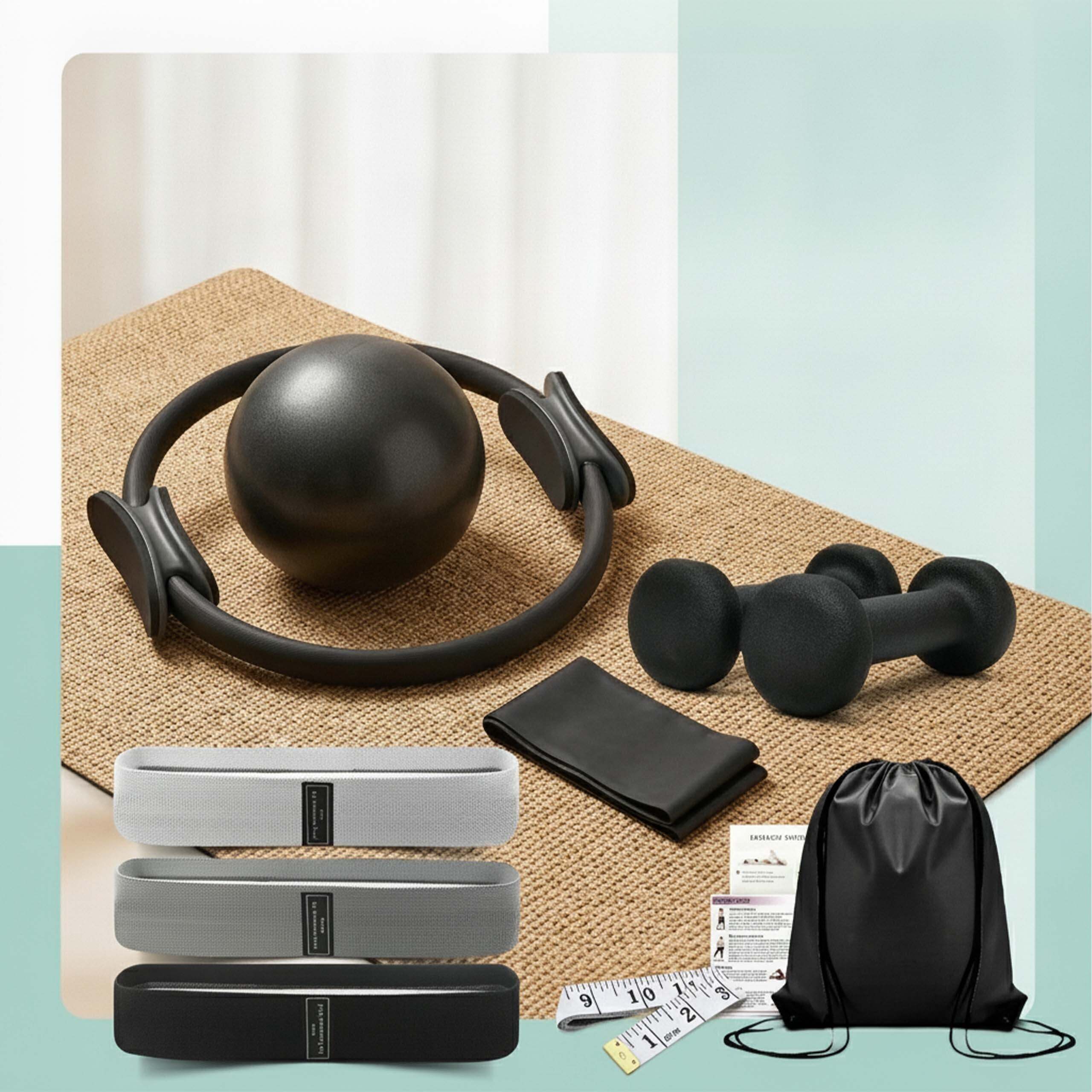 Fitness-Set mit Hanteln, Pilatesring, Widerstandsbändern, Gymnastikball, Maßband und einer schwarzen Tasche.