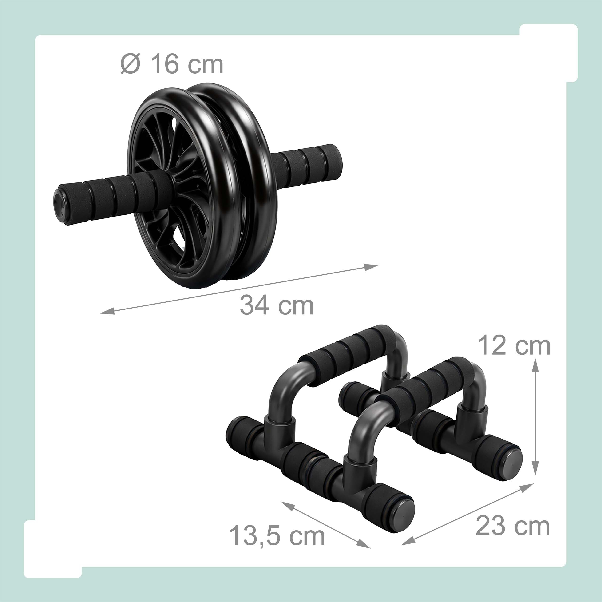 Schwarze Abroller-Rolle und Liegestützgriffe mit Maßen.