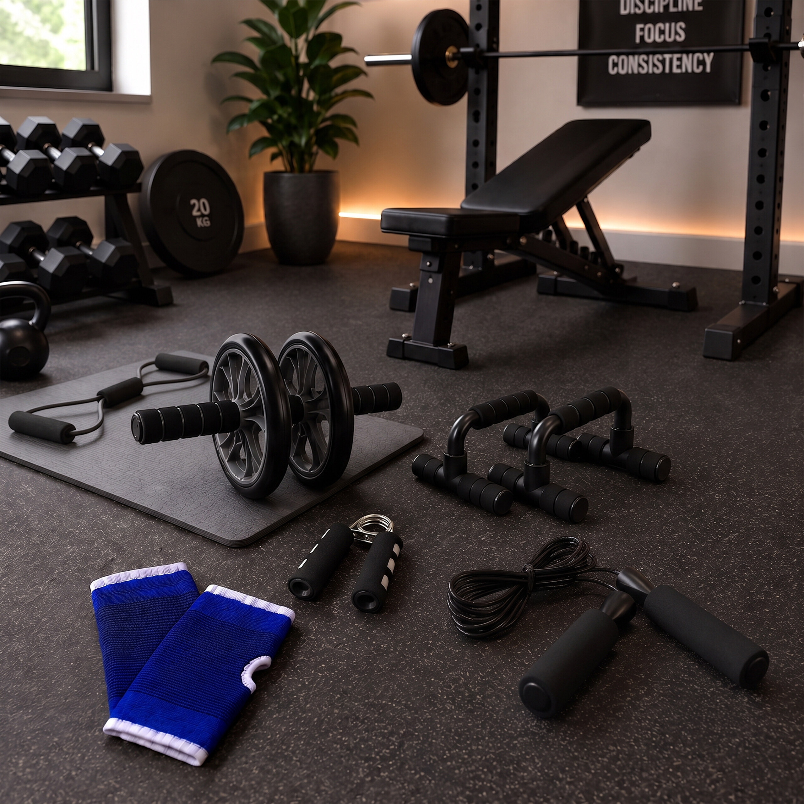 Heimfitnessstudio mit Hanteln, einer Bank, Widerstandsbändern und einer Matte auf dunklem Boden.