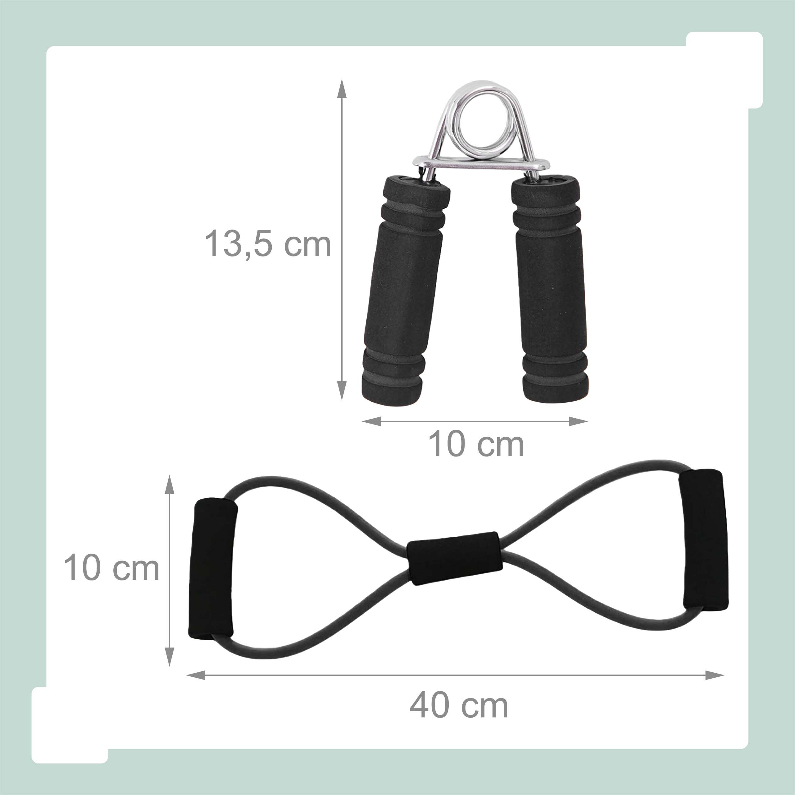 Handtrainer und Fitnessband mit schwarzen Griffen und Maßangaben.