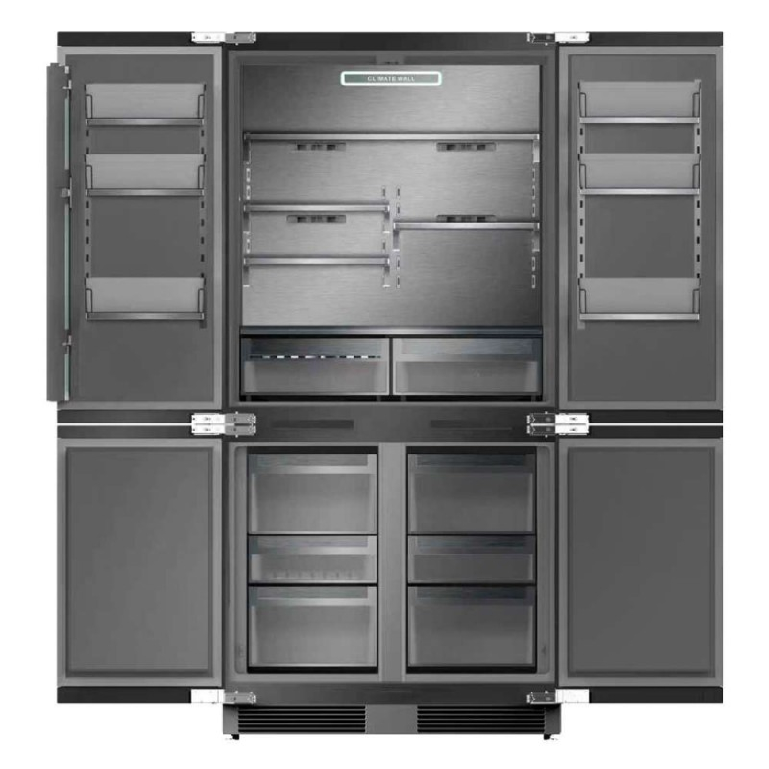 Nevera combinada moderna de acero inoxidable gris con puertas abiertas, estantes y compartimentos transparentes.