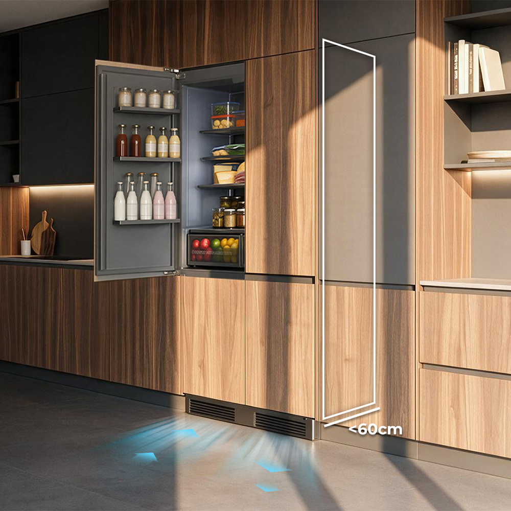 Cocina moderna con frigorífico empotrado lleno de comida, expulsando aire frío hacia abajo al suelo.