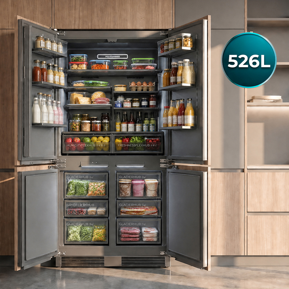 Un refrigerador grande y abierto está lleno de alimentos, botellas y recipientes en una cocina moderna.